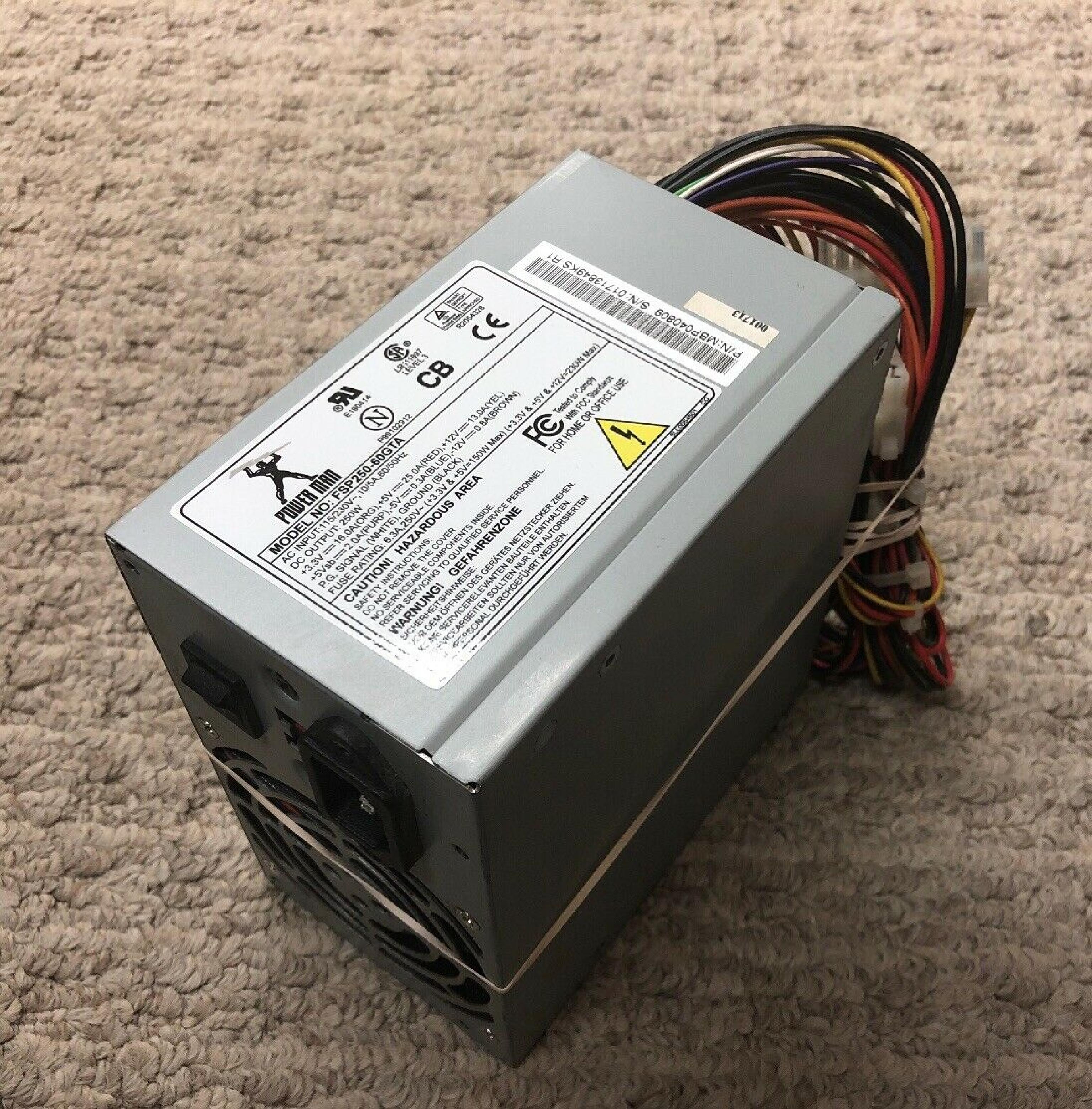 ACER / AOPEN / FSP GROUP / SPARKLE POWER INTL LTD / POWER MAN / YATE LOON / ACER / POWERMAN / ACER FSP250-60GTA 250W ATX POWER SUPPLY 20PIN 5 MOLEX 2 BERG WITH REAR SWITCH