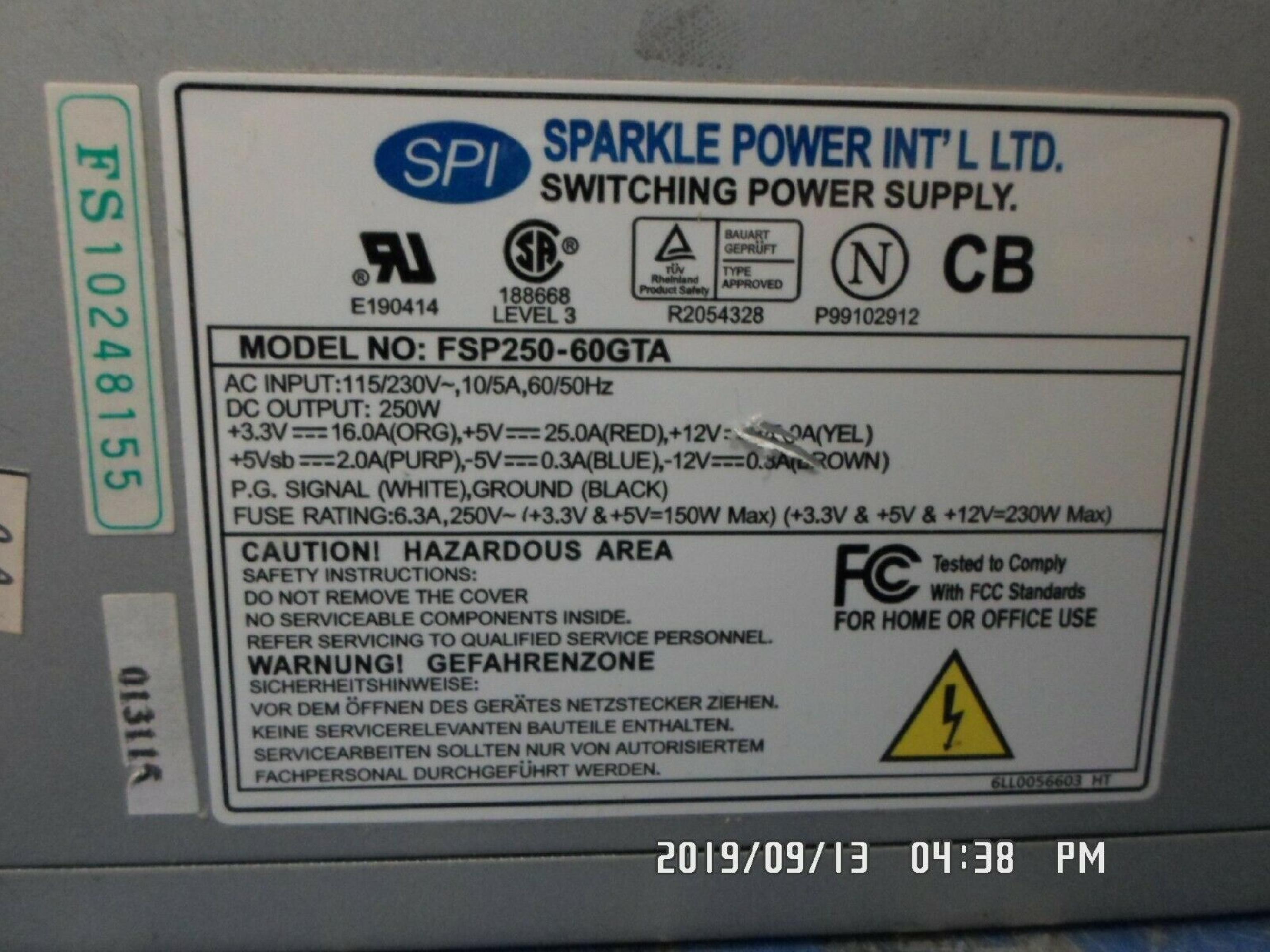 ACER / AOPEN / FSP GROUP / SPARKLE POWER INTL LTD / POWER MAN / YATE LOON / ACER / POWERMAN / ACER FSP250-60GTA 250W ATX POWER SUPPLY 20PIN 5 MOLEX 2 BERG WITH REAR SWITCH