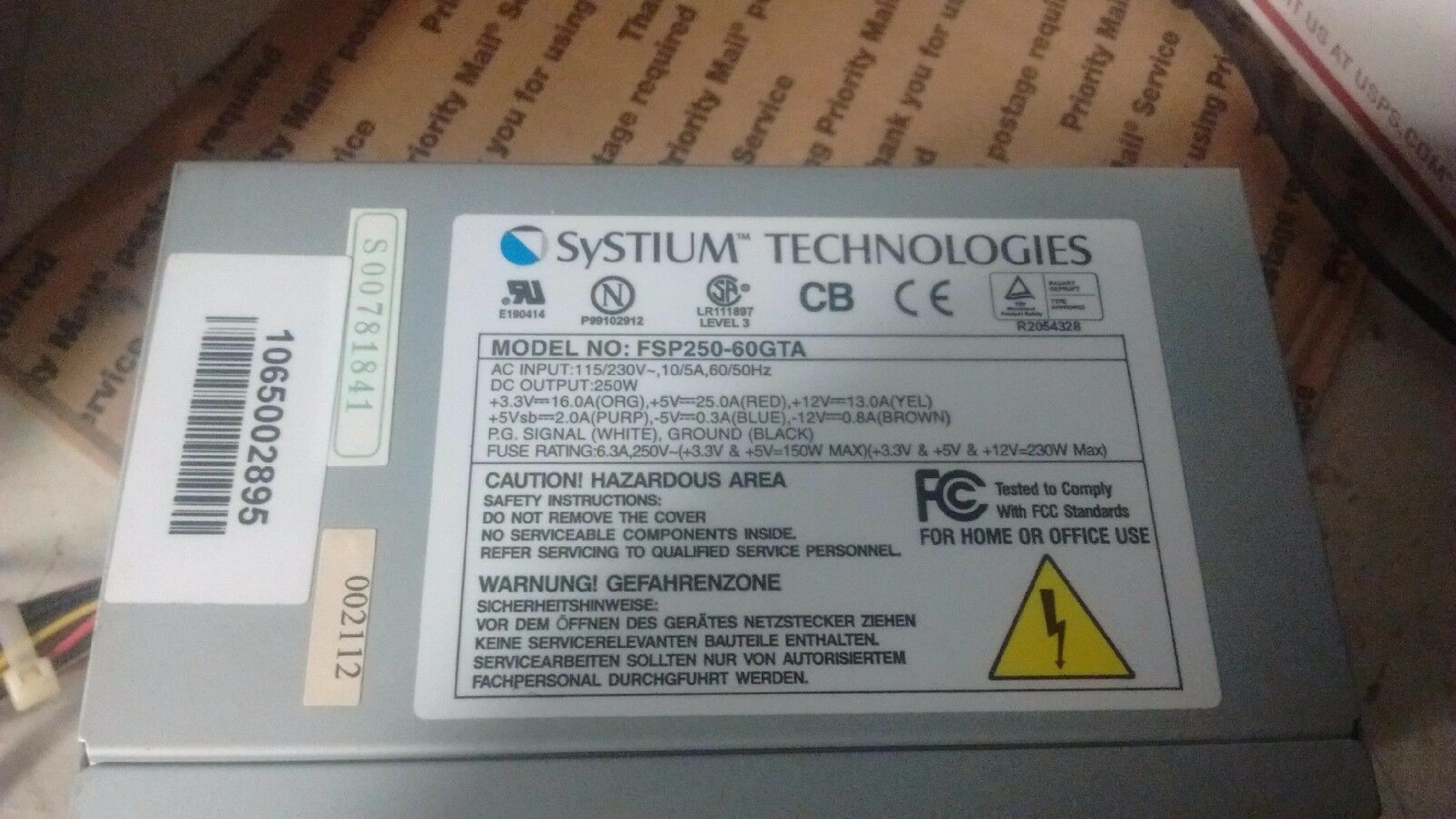 ACER / AOPEN / FSP GROUP / SPARKLE POWER INTL LTD / POWER MAN / YATE LOON / ACER / POWERMAN / ACER FSP250-60GTA 250W ATX POWER SUPPLY 20PIN 5 MOLEX 2 BERG WITH REAR SWITCH