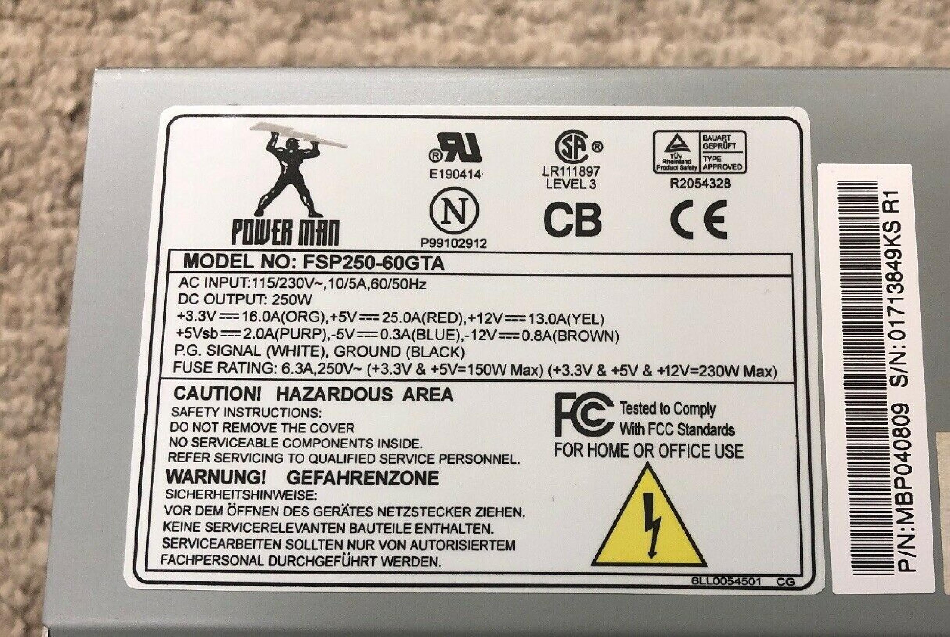 ACER / AOPEN / FSP GROUP / SPARKLE POWER INTL LTD / POWER MAN / YATE LOON / ACER / POWERMAN / ACER FSP250-60GTA 250W ATX POWER SUPPLY 20PIN 5 MOLEX 2 BERG WITH REAR SWITCH