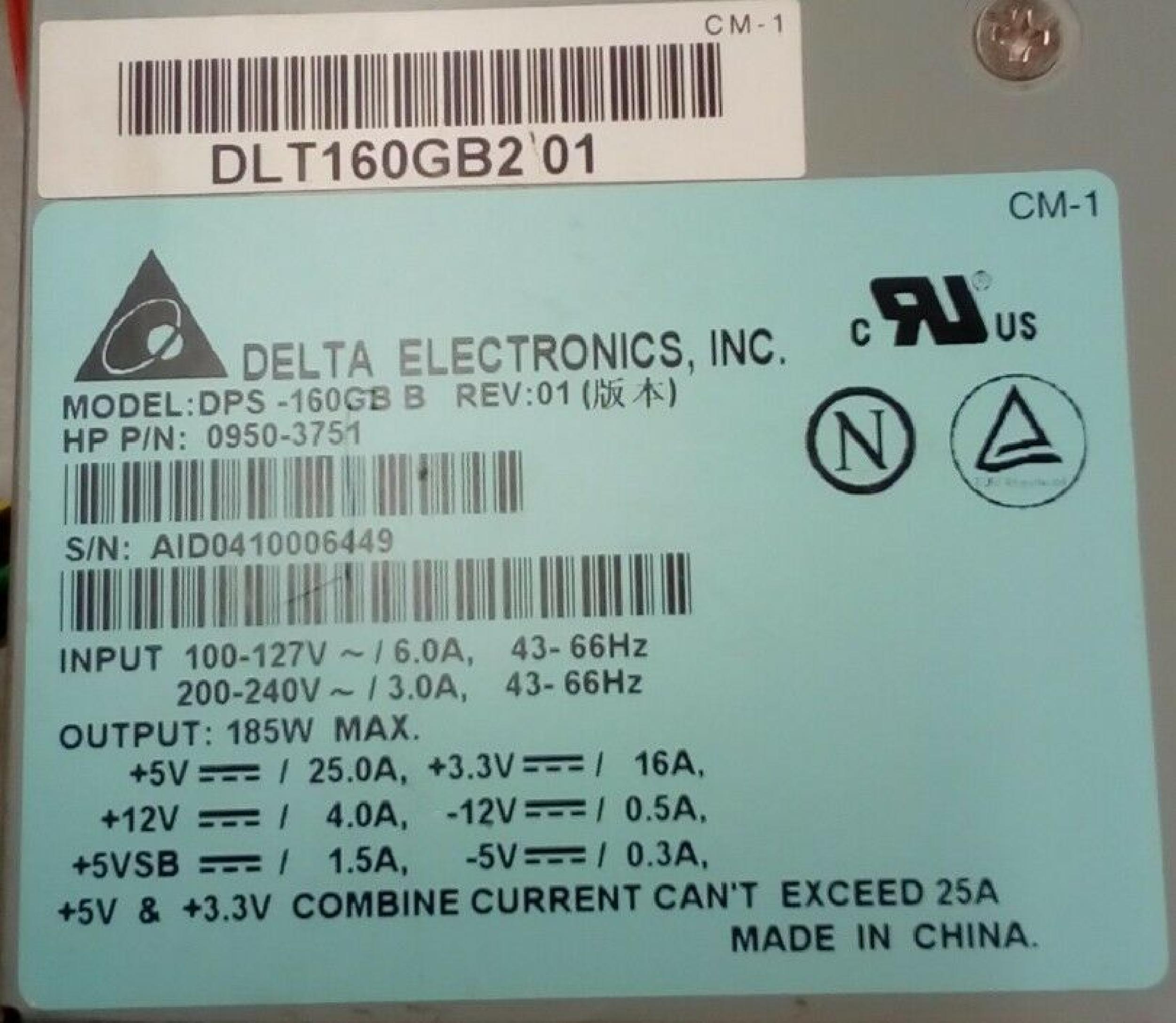 DELTA ELECTRONICS INC DPS-160GB B 185W POWER SUPPLY ATTX 185 WATT ATX WITH 4PIN P8 AND 3PIN P9 CONNECTOR