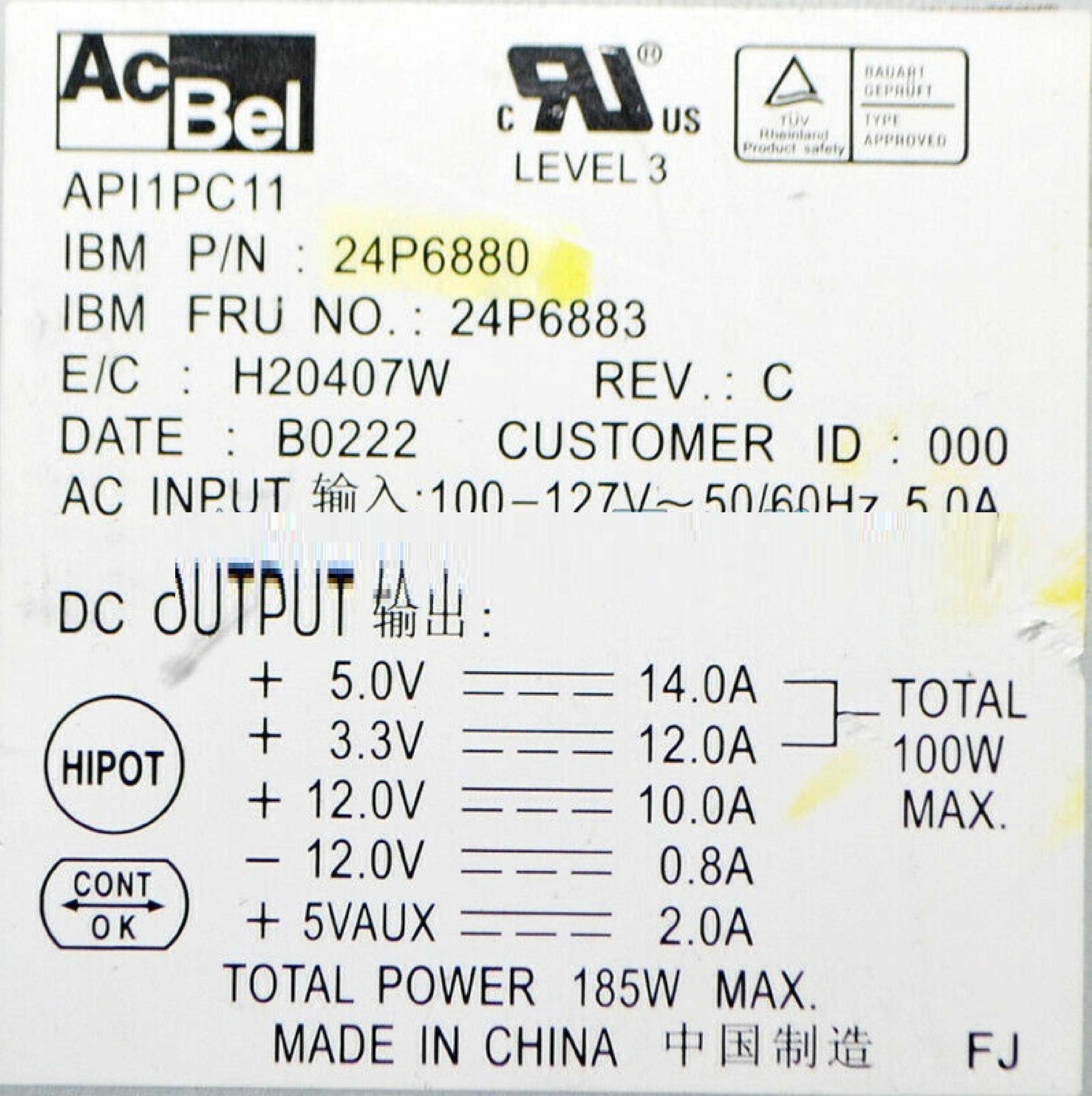 ACBEL / IBM 24P6880 185W POWER SUPPLY 185 WATT ATX