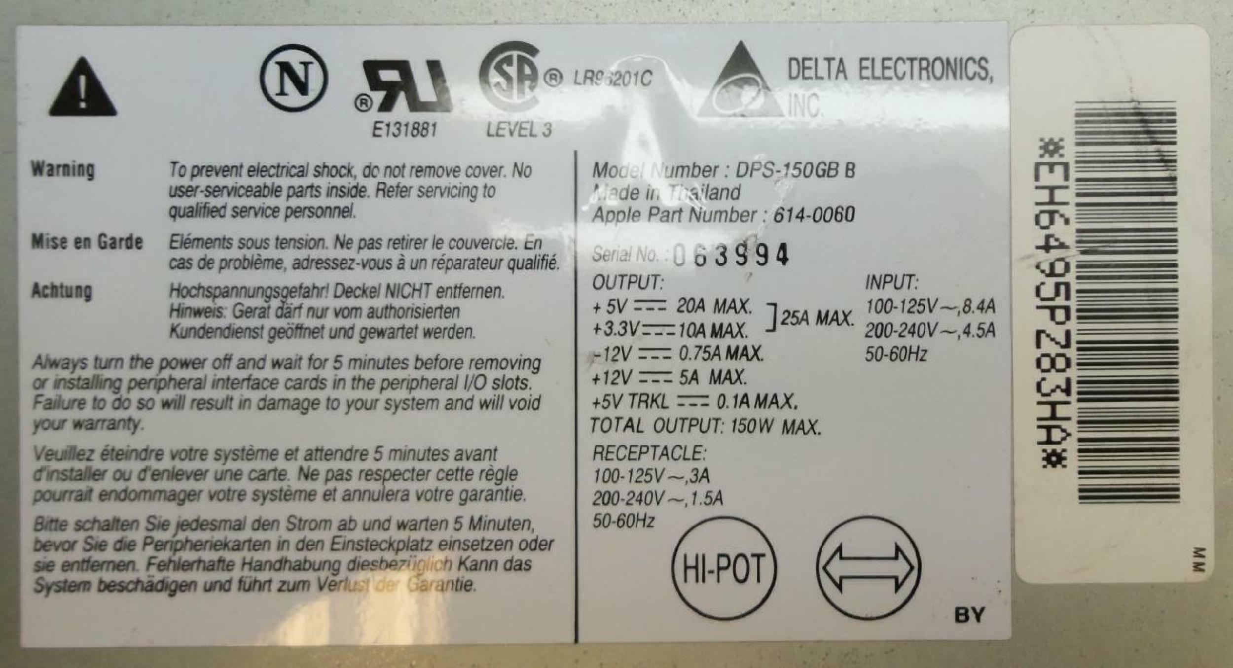 DELTA ELECTRONICS INC DPS-150GB B 150W POWER SUPPLY 150 WATT