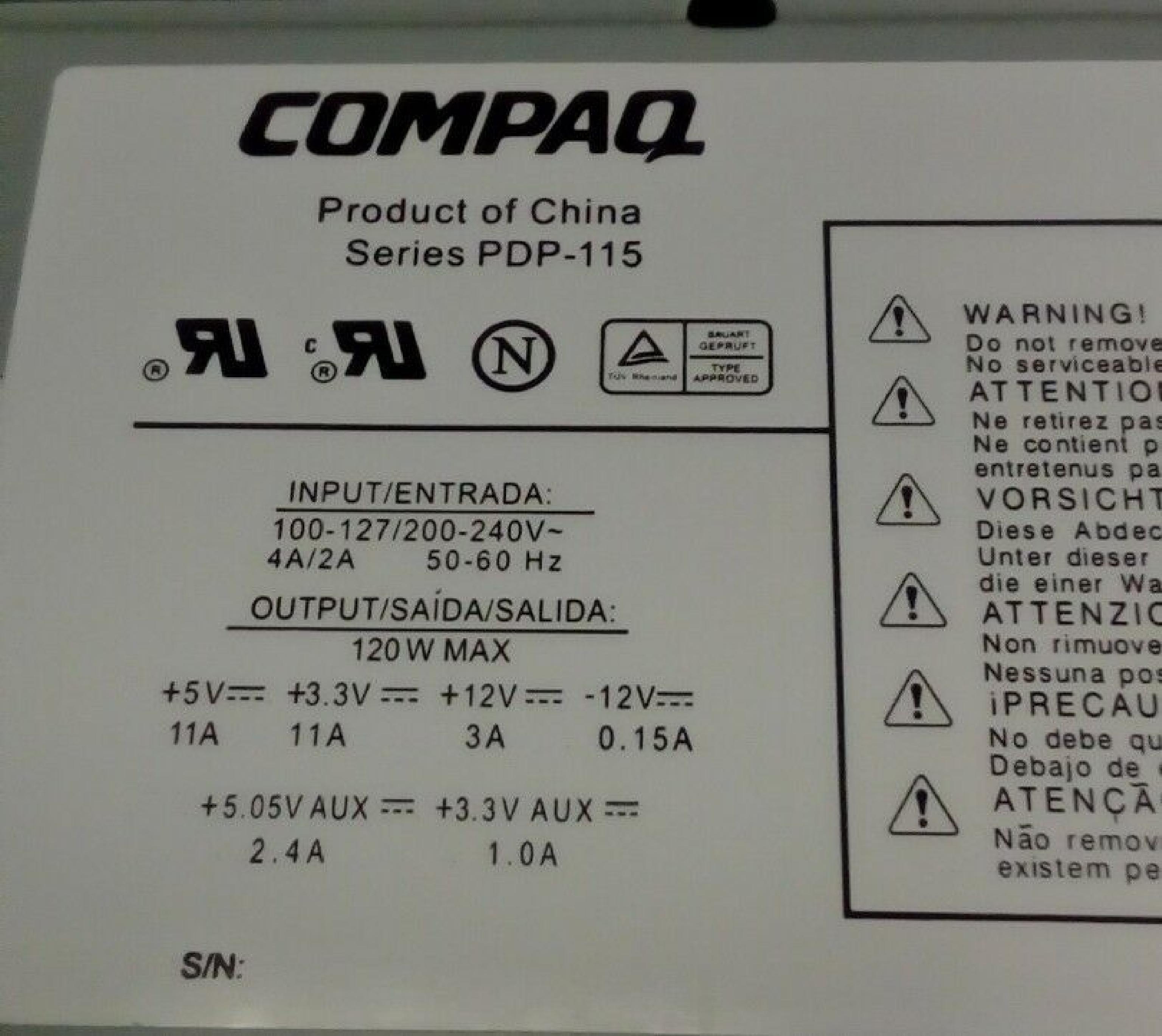 COMPAQ / HEWLETT PACKARD / HP / LITEON 165997-001 120W POWER SUPPLY DESKPRO ATX STYLE 200 WATT