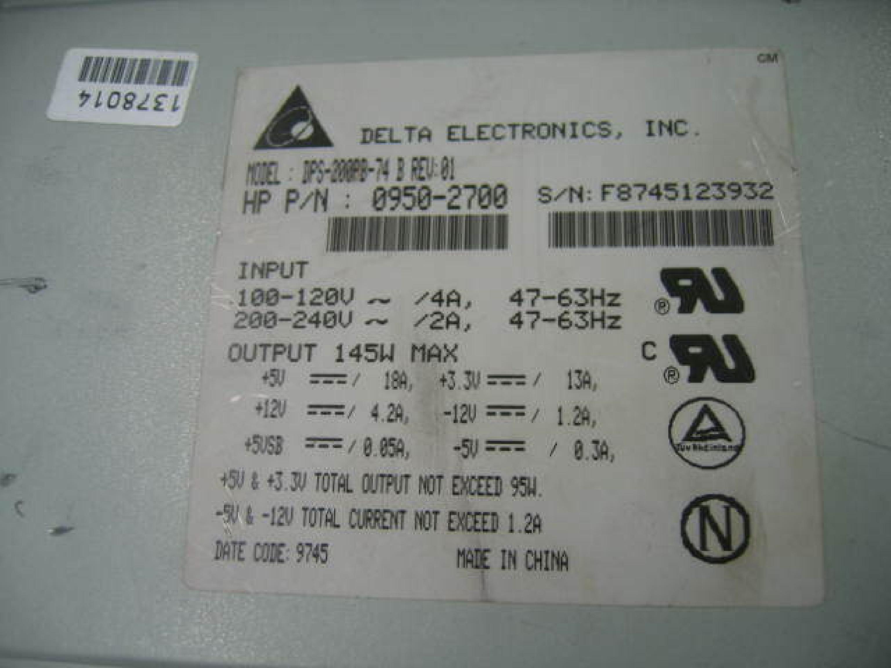 DELTA ELECTRONICS INC 0950-2700 145W POWER SUPPLY ATX