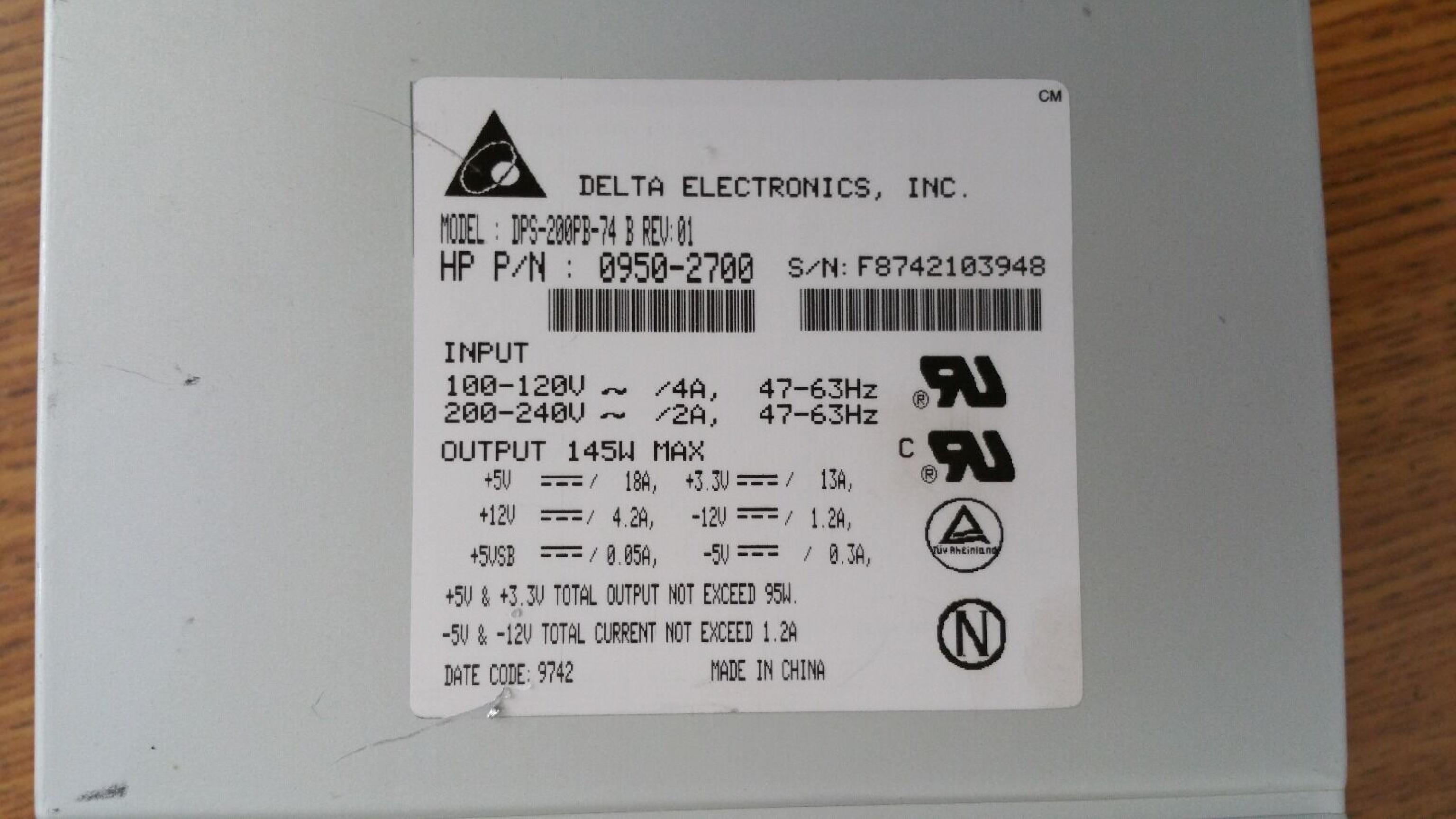 DELTA ELECTRONICS INC 0950-2700 145W POWER SUPPLY ATX