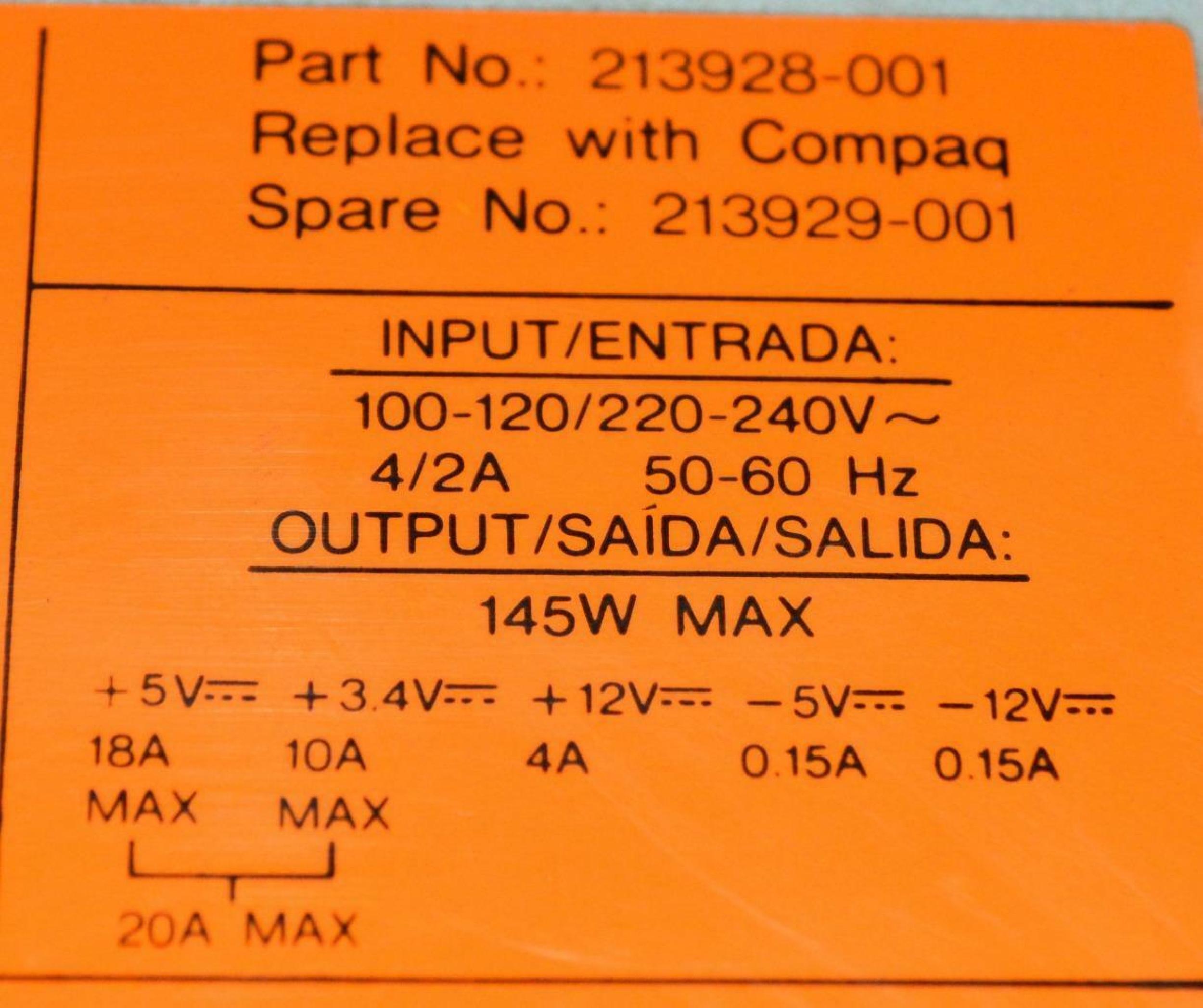 COMPAQ / HEWLETT PACKARD / HP 213928-001 POWER SUPPLY 145 WATT 