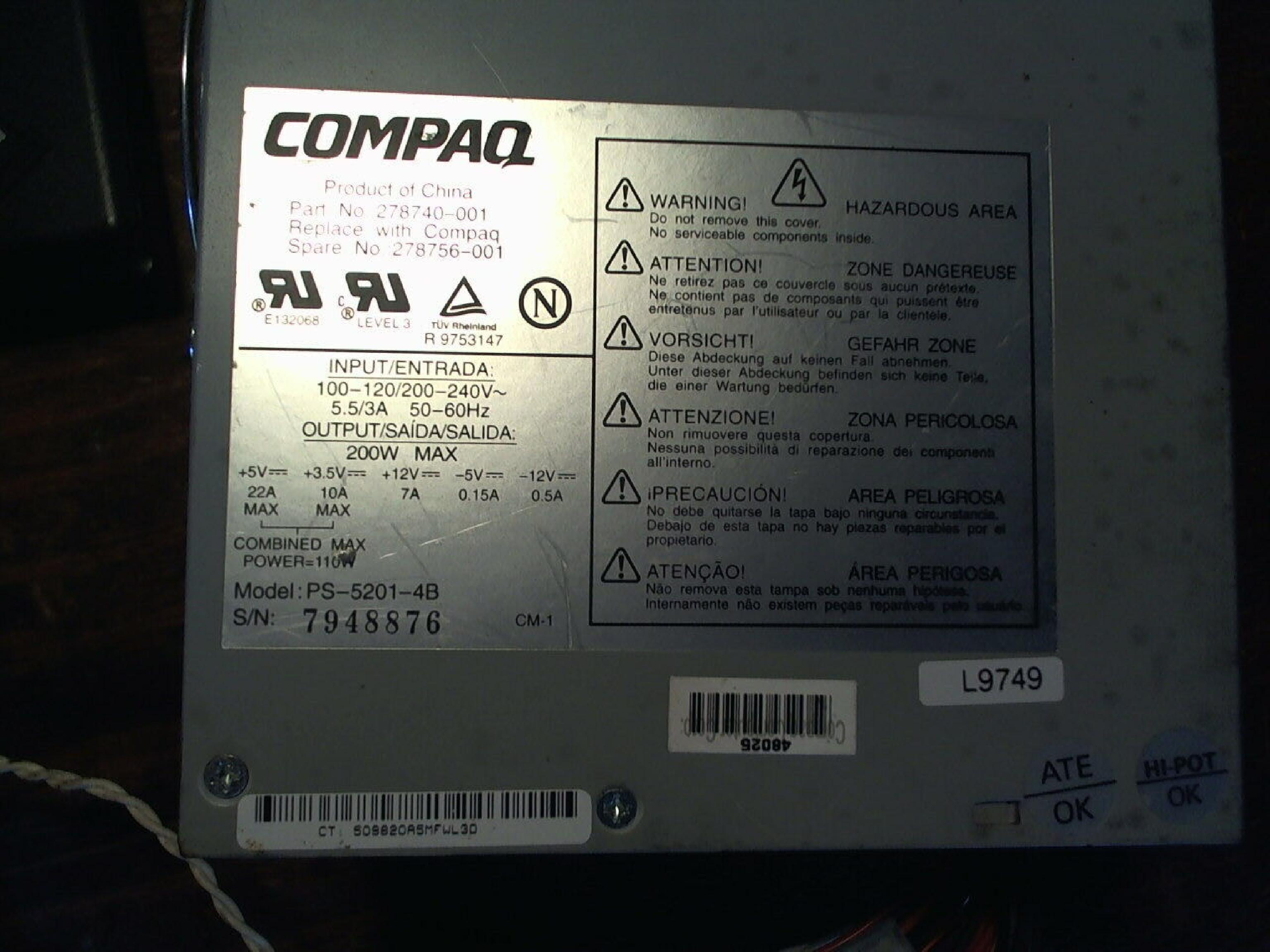 COMPAQ / HEWLETT PACKARD / HP 278740-001 POWER SUPPLY 200W ATX