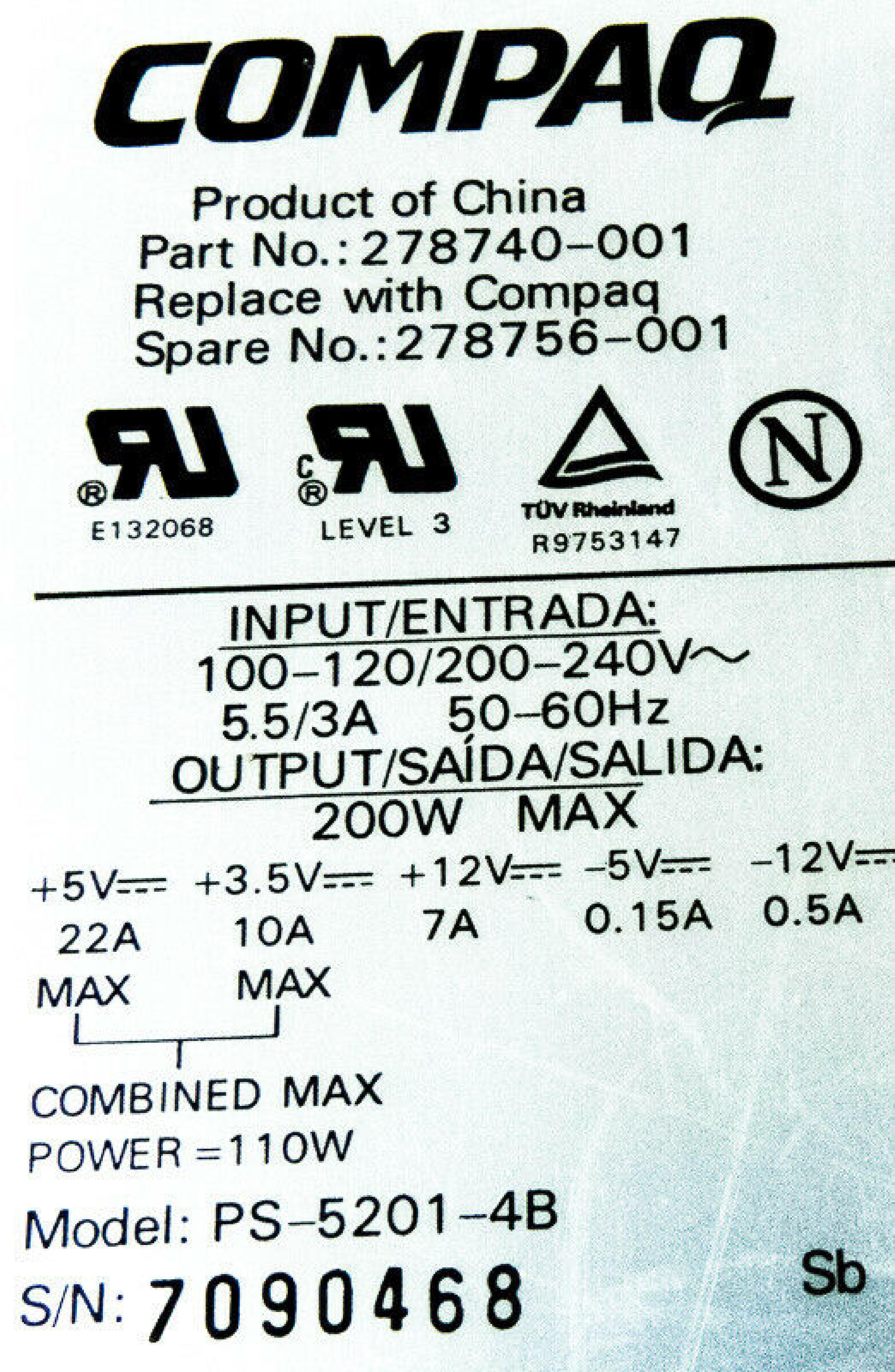 COMPAQ / HEWLETT PACKARD / HP PS-5201-4B POWER SUPPLY