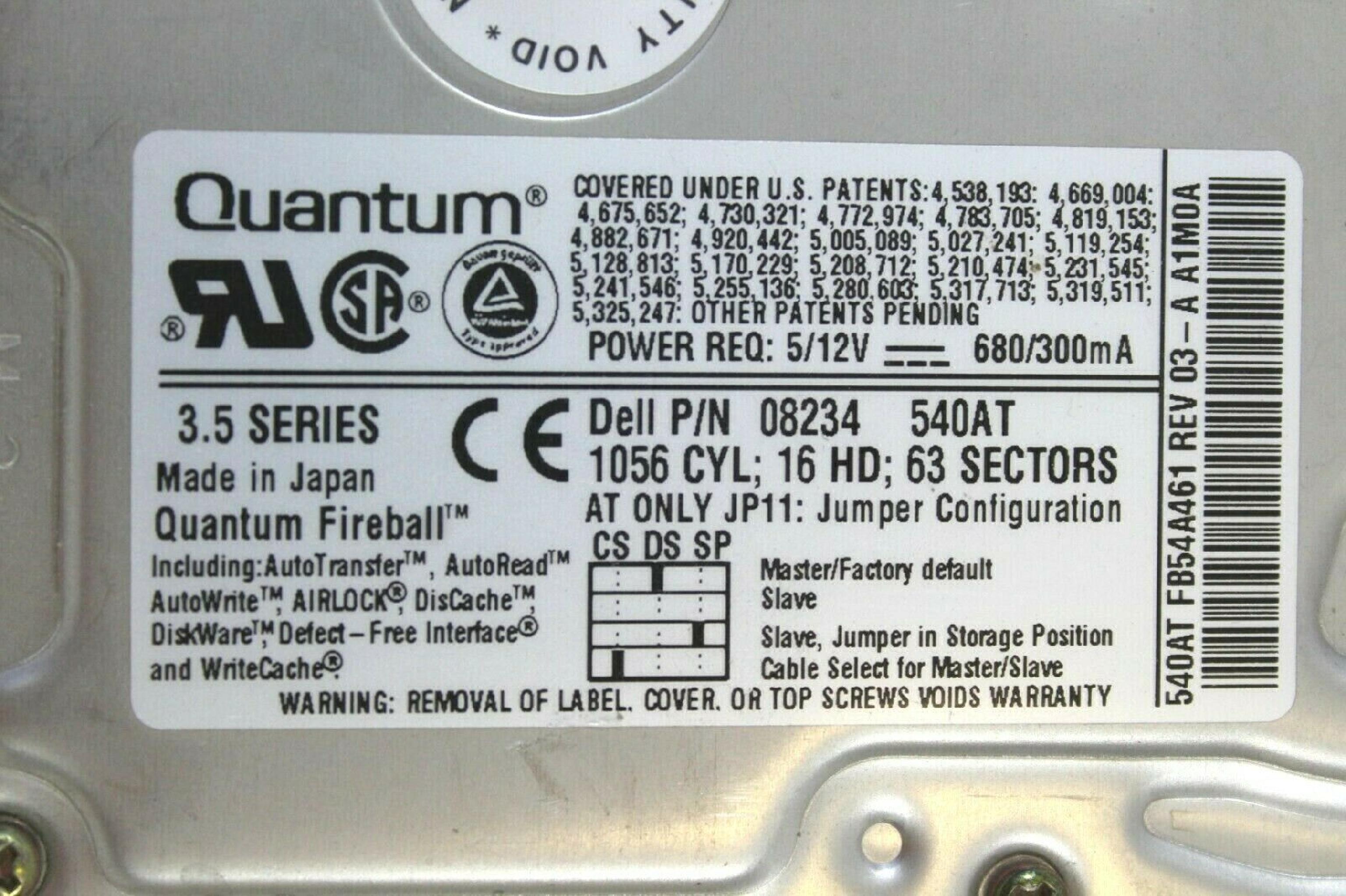 QUANTUM FB54A461 540MB IDE DRIVE 3.5