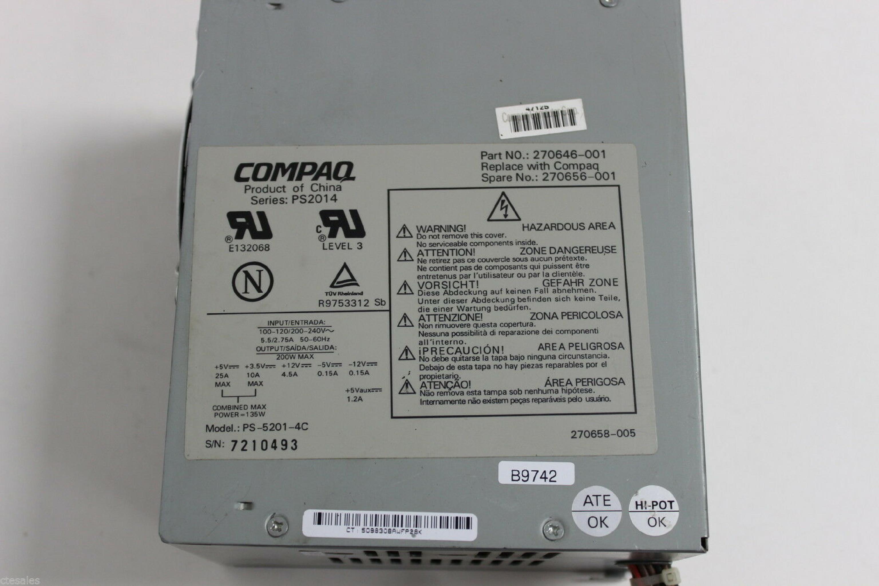 COMPAQ / HEWLETT PACKARD / HP 270656-001 200W ATX POWER SUPPLY