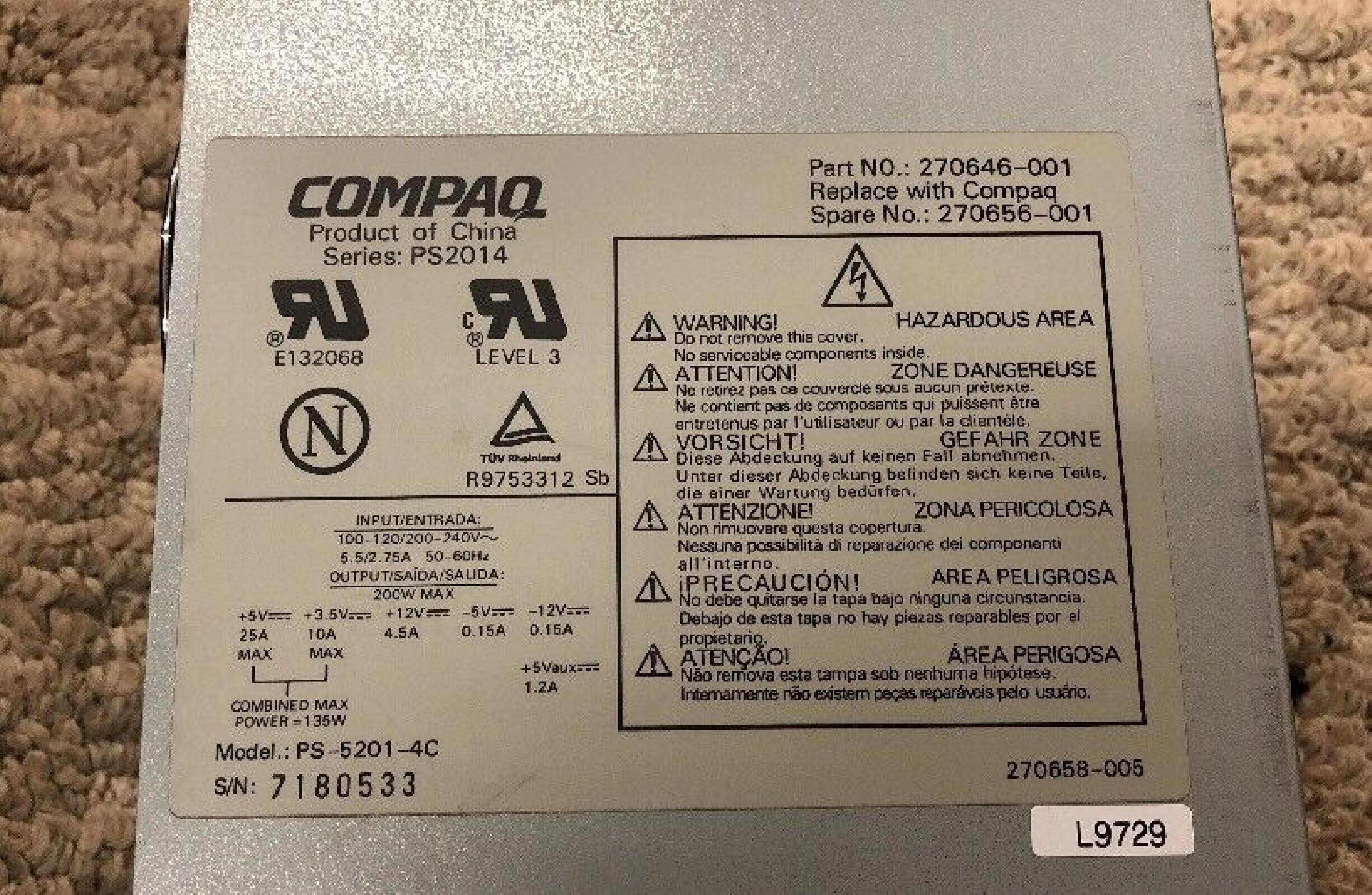 COMPAQ / HEWLETT PACKARD / HP 270656-001 200W ATX POWER SUPPLY