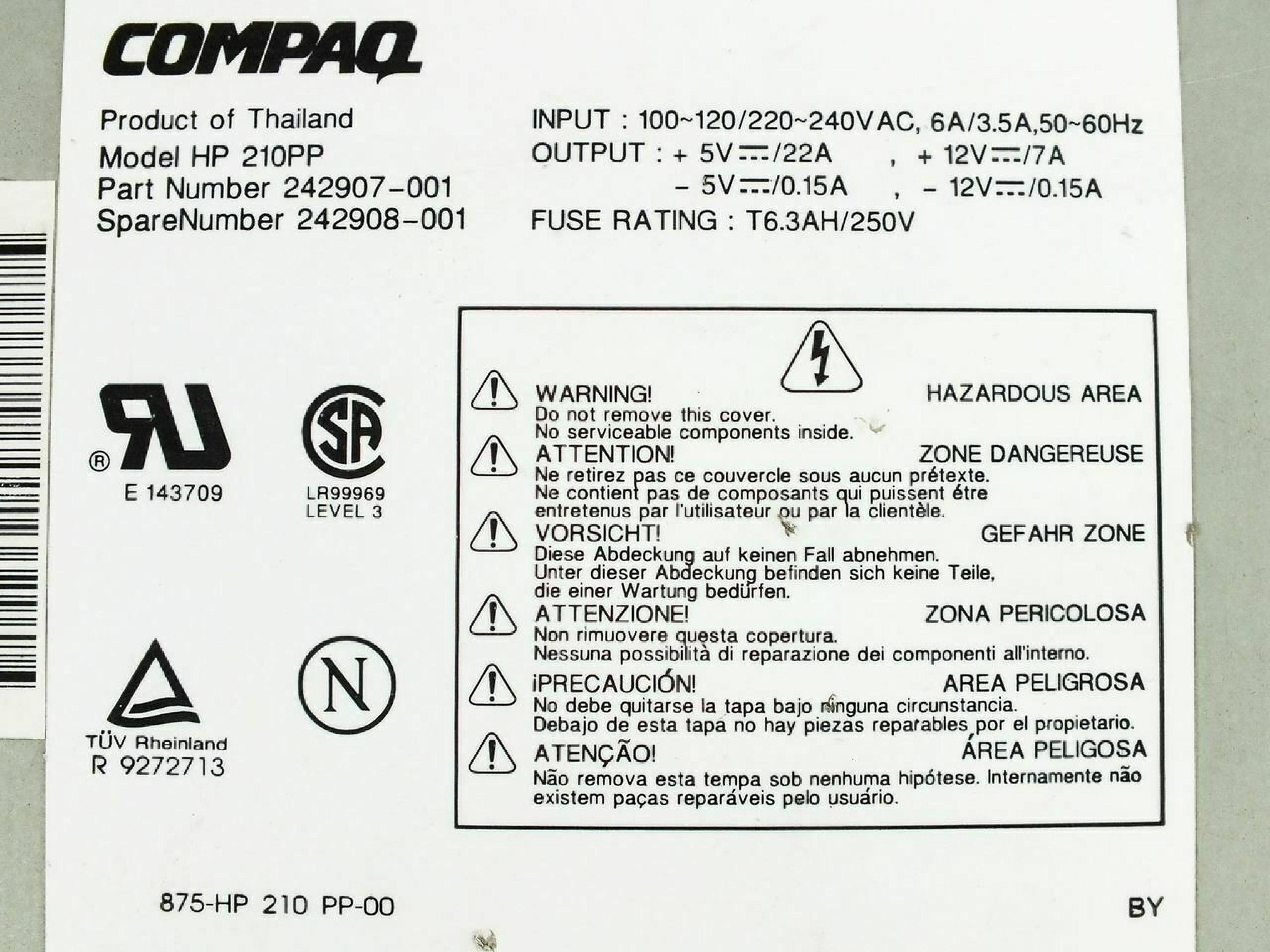 COMPAQ / HEWLETT PACKARD / HP 242907-001 AT POWER SUPPLY WITH REMOTE SWITCH 200W