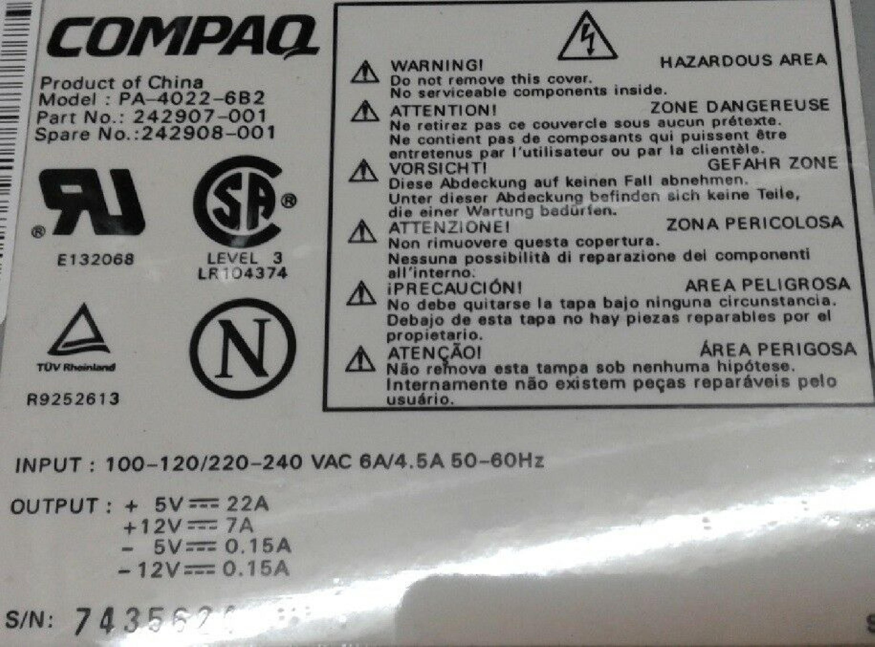 COMPAQ / HEWLETT PACKARD / HP 242907-001 AT POWER SUPPLY WITH REMOTE SWITCH 200W