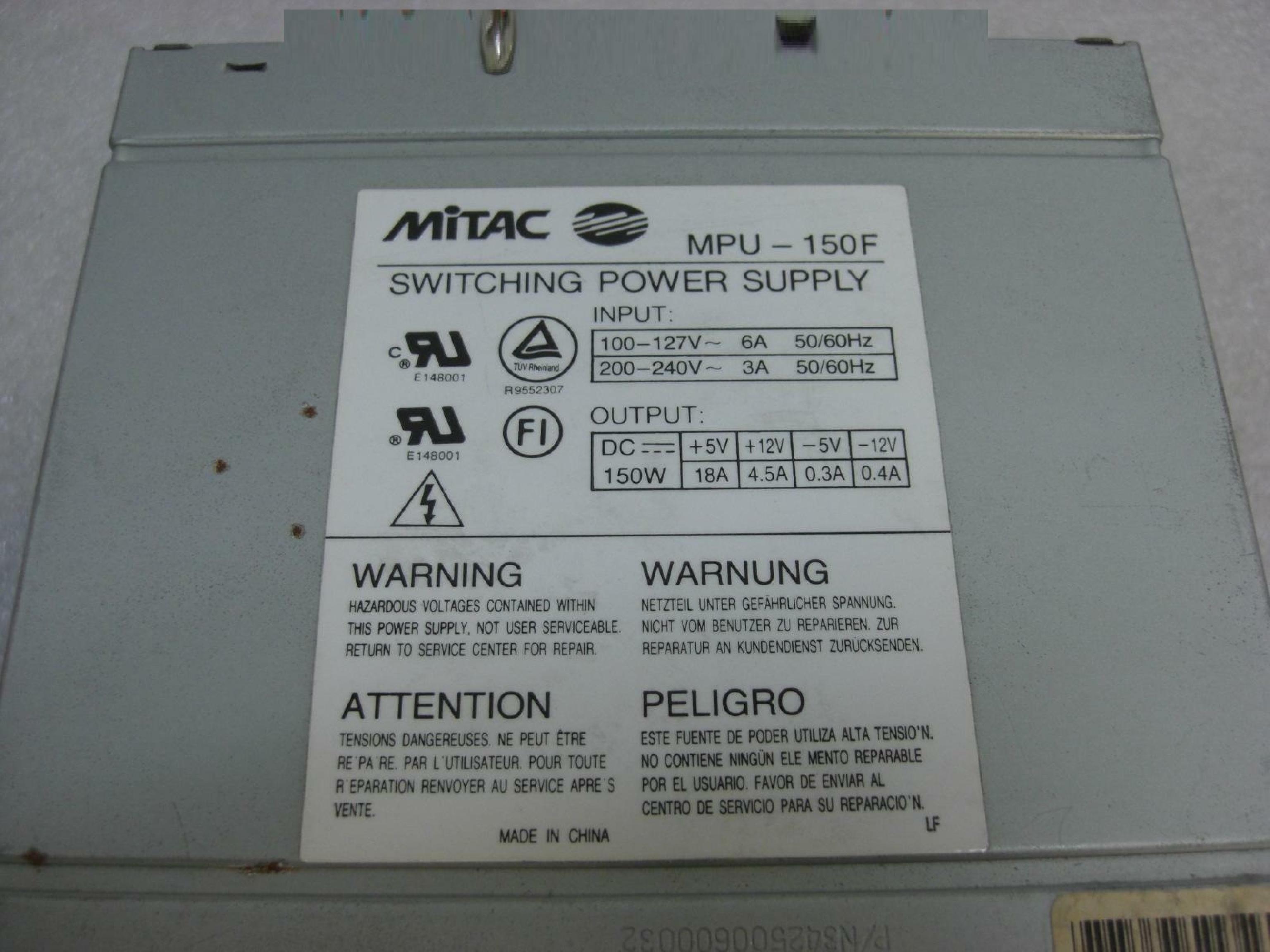 MITAC MPU-150F POWER SUPPLY NEEDS SWITCH/CABLE ONE DAY TO REPAIR