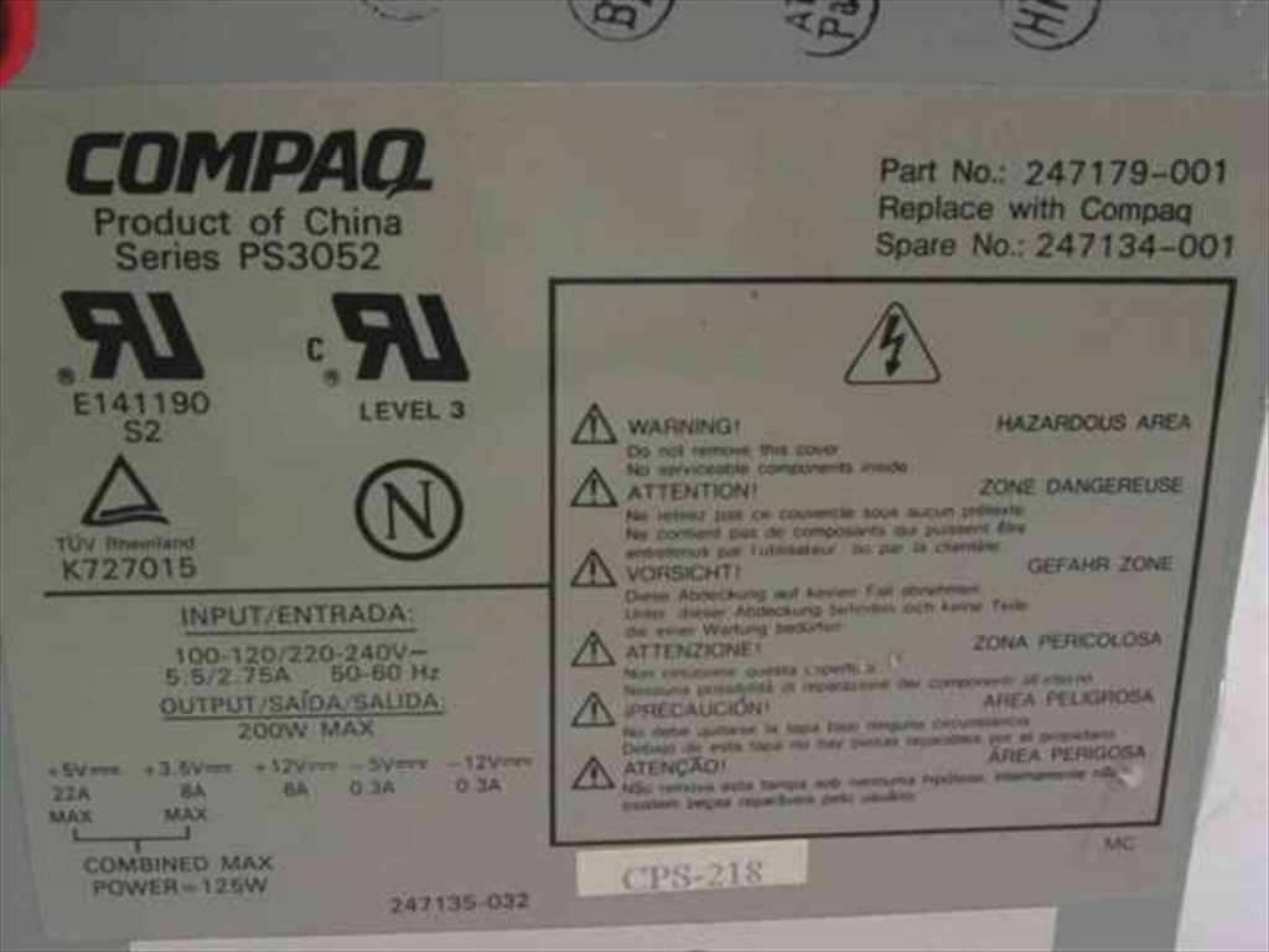 COMPAQ / HEWLETT PACKARD / HP 247134-001 200W AT POWER SUPPLY WITH REMOTE SWITCH