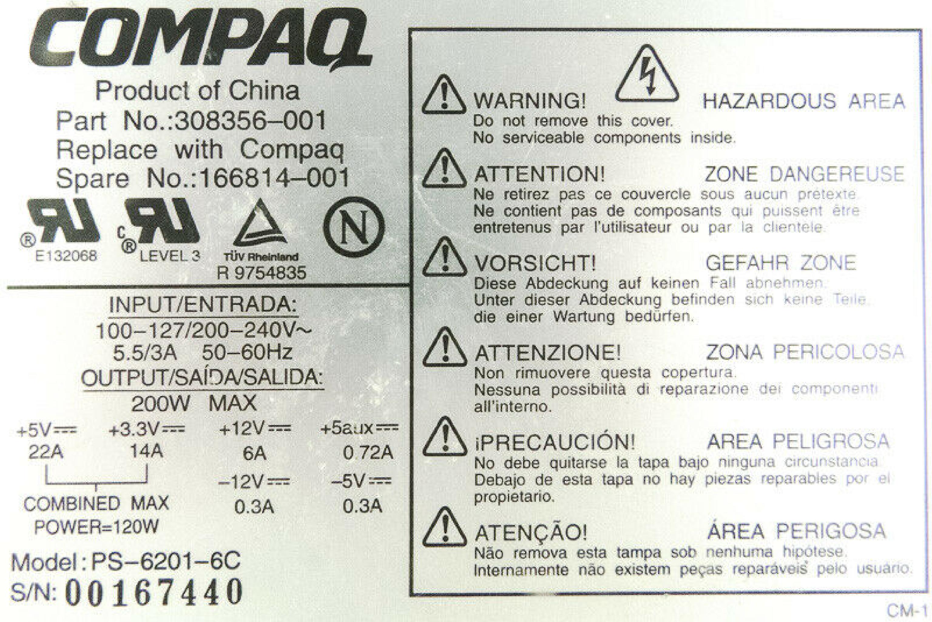 COMPAQ / HEWLETT PACKARD / HP PS-6201-6C POWER SUPPLY