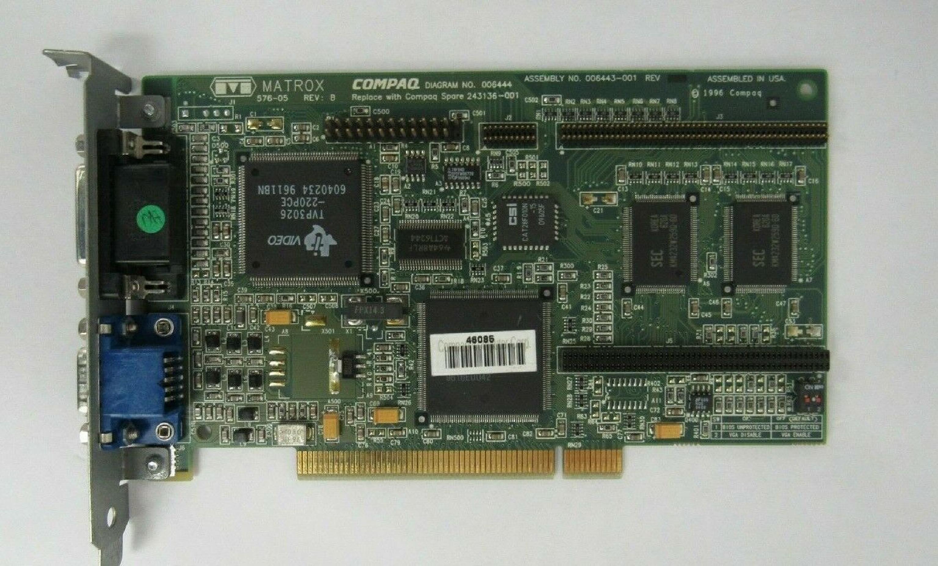 MATROX 576-05 2MB PCI VIDEO CARD WITH VGA AND OUTPUT OUTPUTS