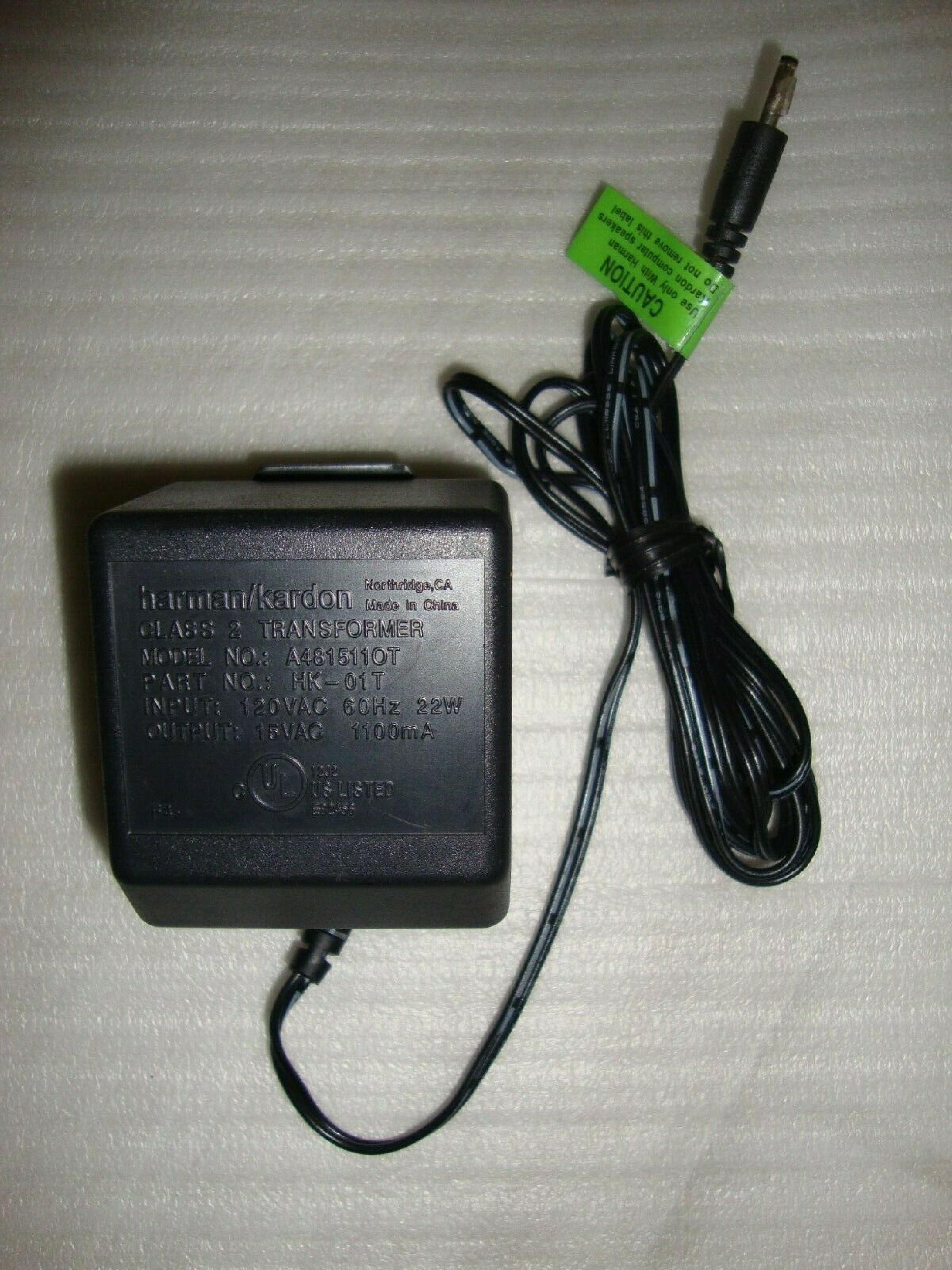 HARMAN KARDON A481511OT AC ADAPTER 15VAC 1.1A OD:5.5MM ID:2MM BARREL CONNECTOR 6FOOT CABLE OUTSIDE POLE:NEGATIVE FOR 06941V 15V 1100MA WITH CUT WIRE