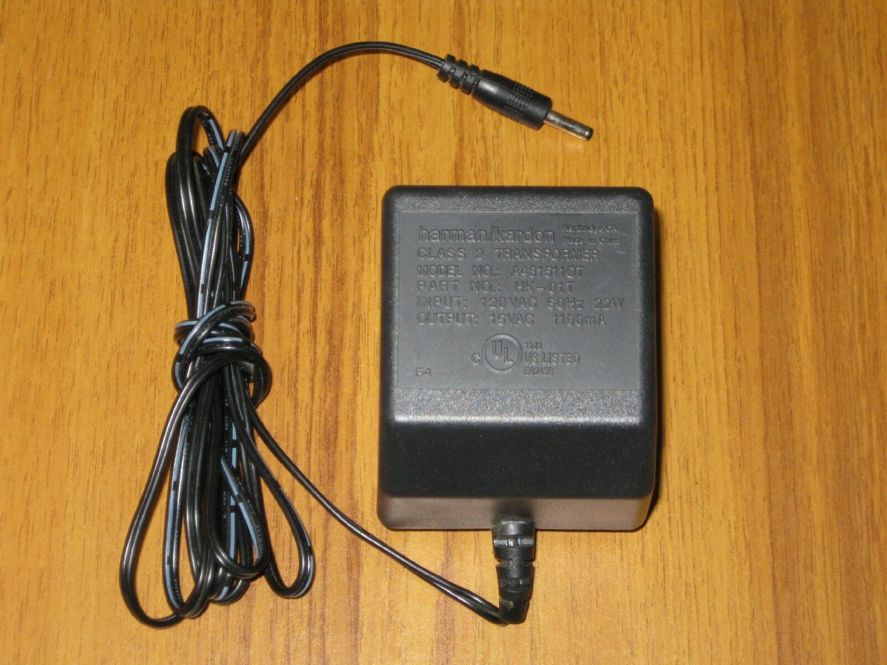 HARMAN KARDON HK-01T AC ADAPTER 15VAC 1.1A OD:5.5MM ID:2MM BARREL CONNECTOR 6FOOT CABLE OUTSIDE POLE:NEGATIVE FOR 06941V 15V 1100MA WITH CUT WIRE