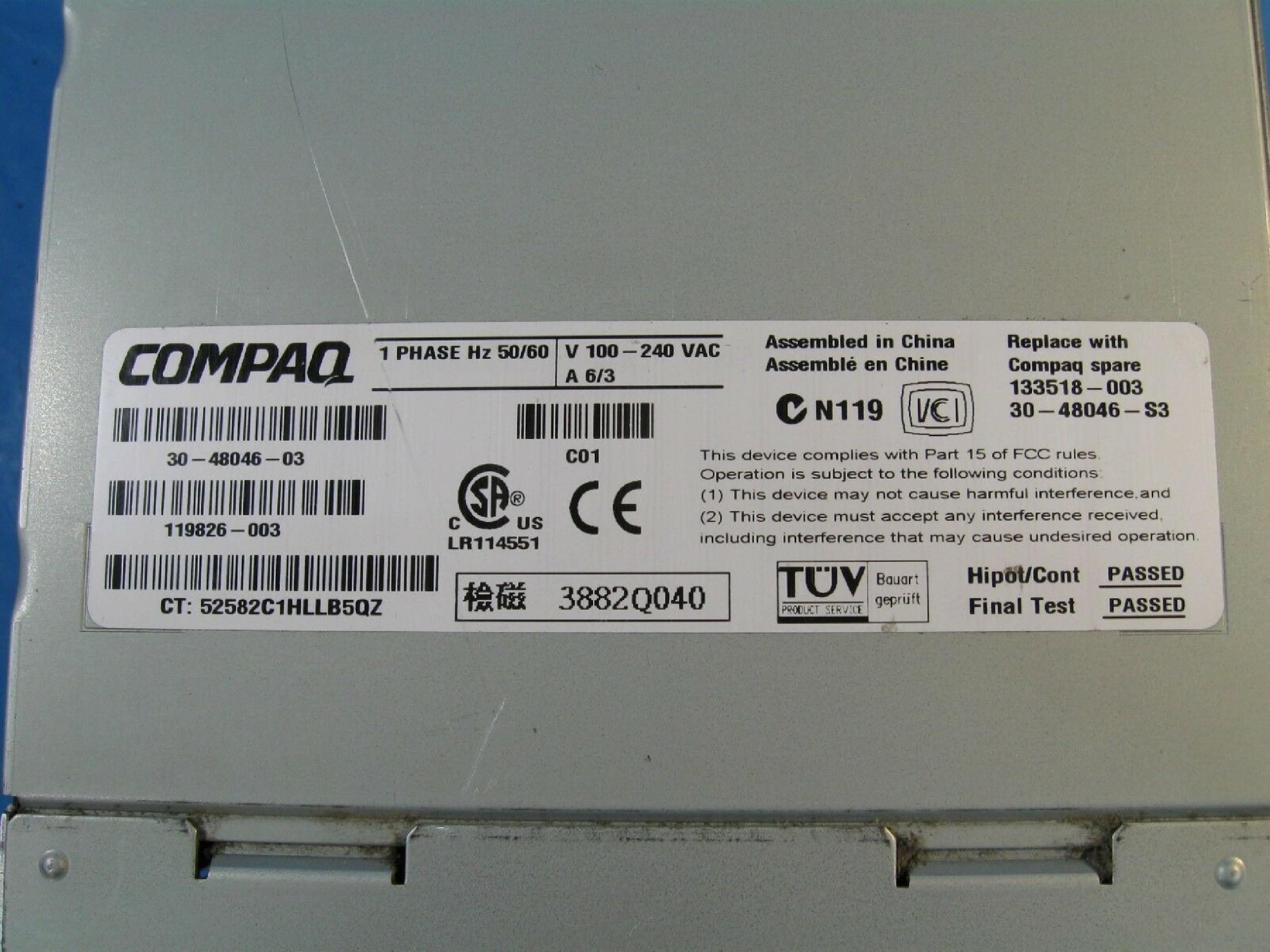 COMPAQ / HEWLETT PACKARD / HP 133518-003 100-240VAC POWER SUPPLY FOR 150728-001