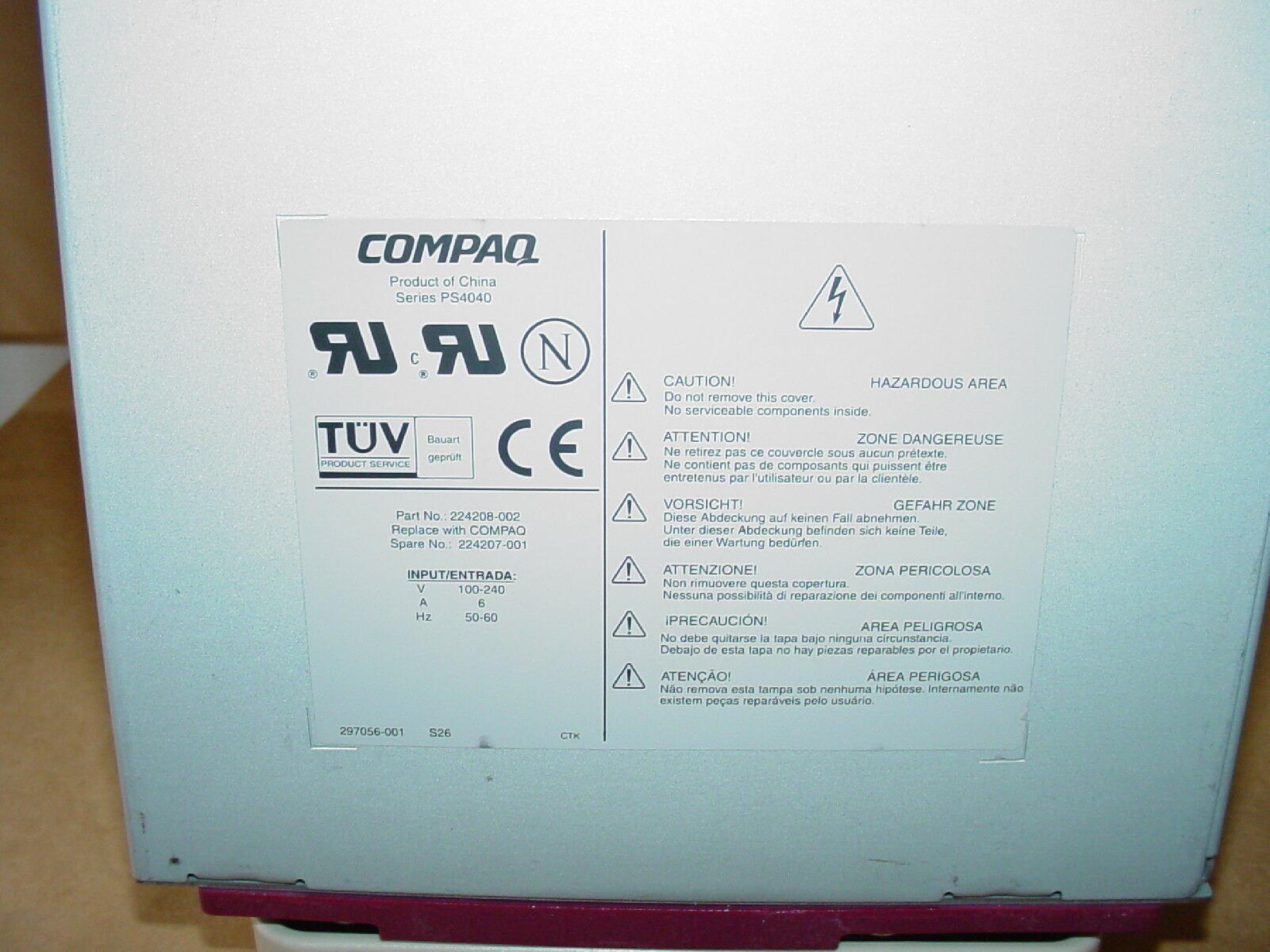 COMPAQ / HEWLETT PACKARD / HP 224208-002 350W POWER SUPPLY HOT SWAP