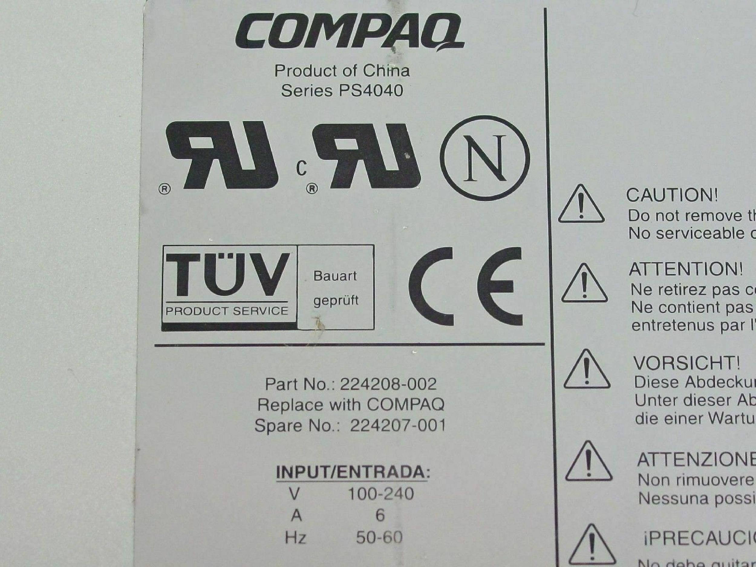 COMPAQ / HEWLETT PACKARD / HP 224207-001 350W POWER SUPPLY HOT SWAP