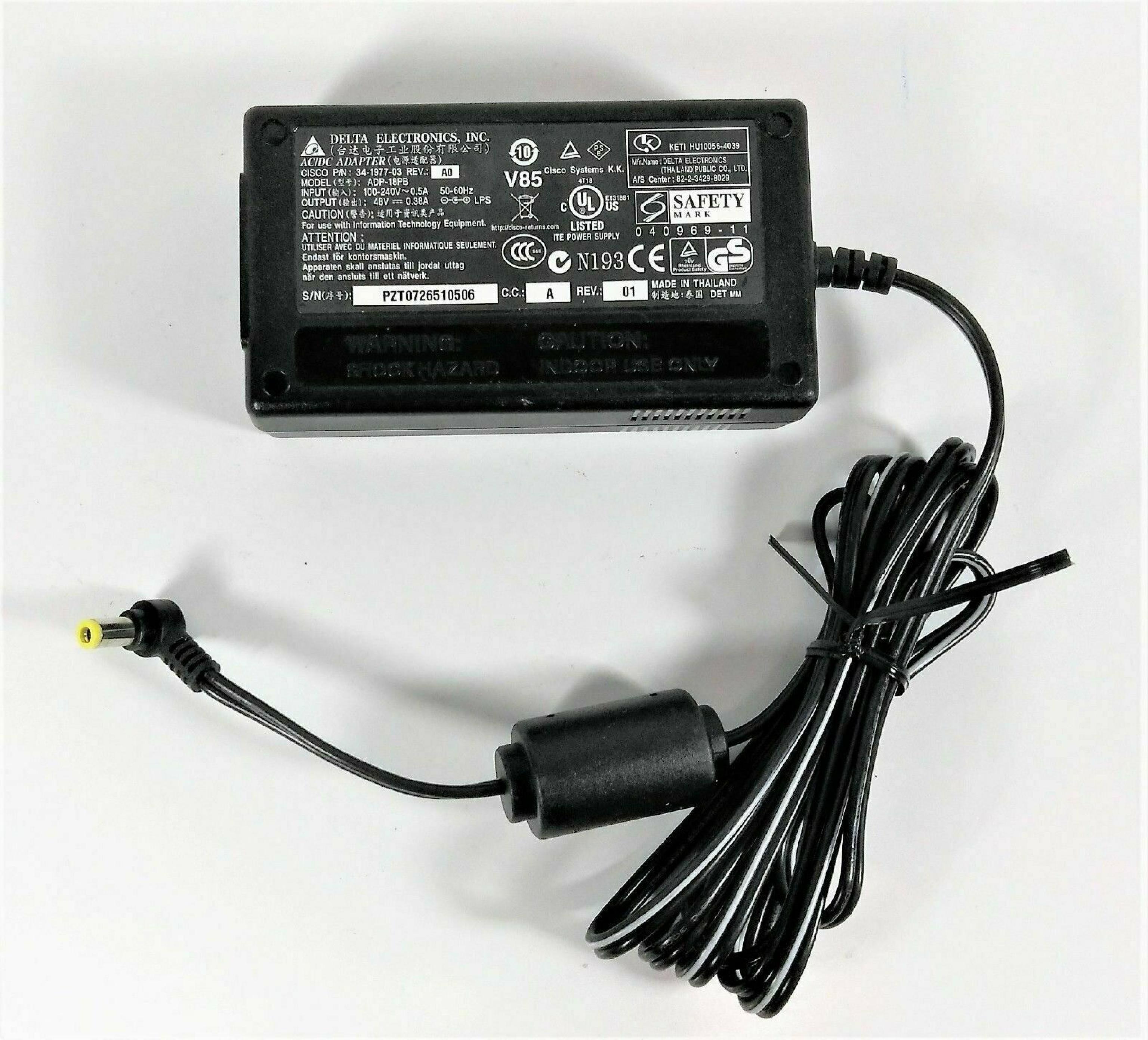 DELTA ELECTRONICS INC 34-1977-03 AC ADAPTER 48V DC 0.38A WITH BARREL CONNECTOR CENTER POSITIVE OD:5.5MM ID:2.5MM