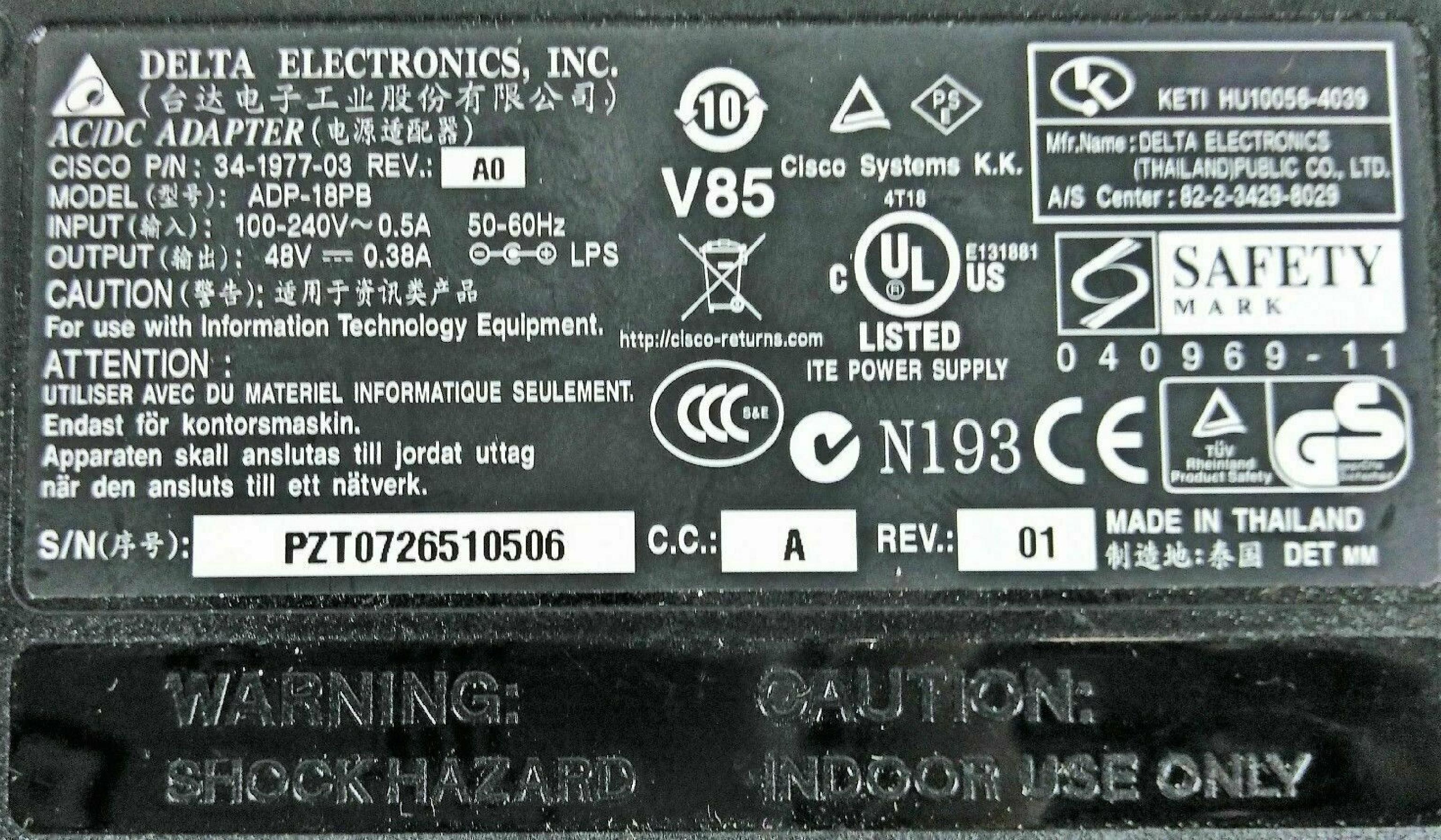 DELTA ELECTRONICS INC 34-1977-03 AC ADAPTER 48V DC 0.38A WITH BARREL CONNECTOR CENTER POSITIVE OD:5.5MM ID:2.5MM