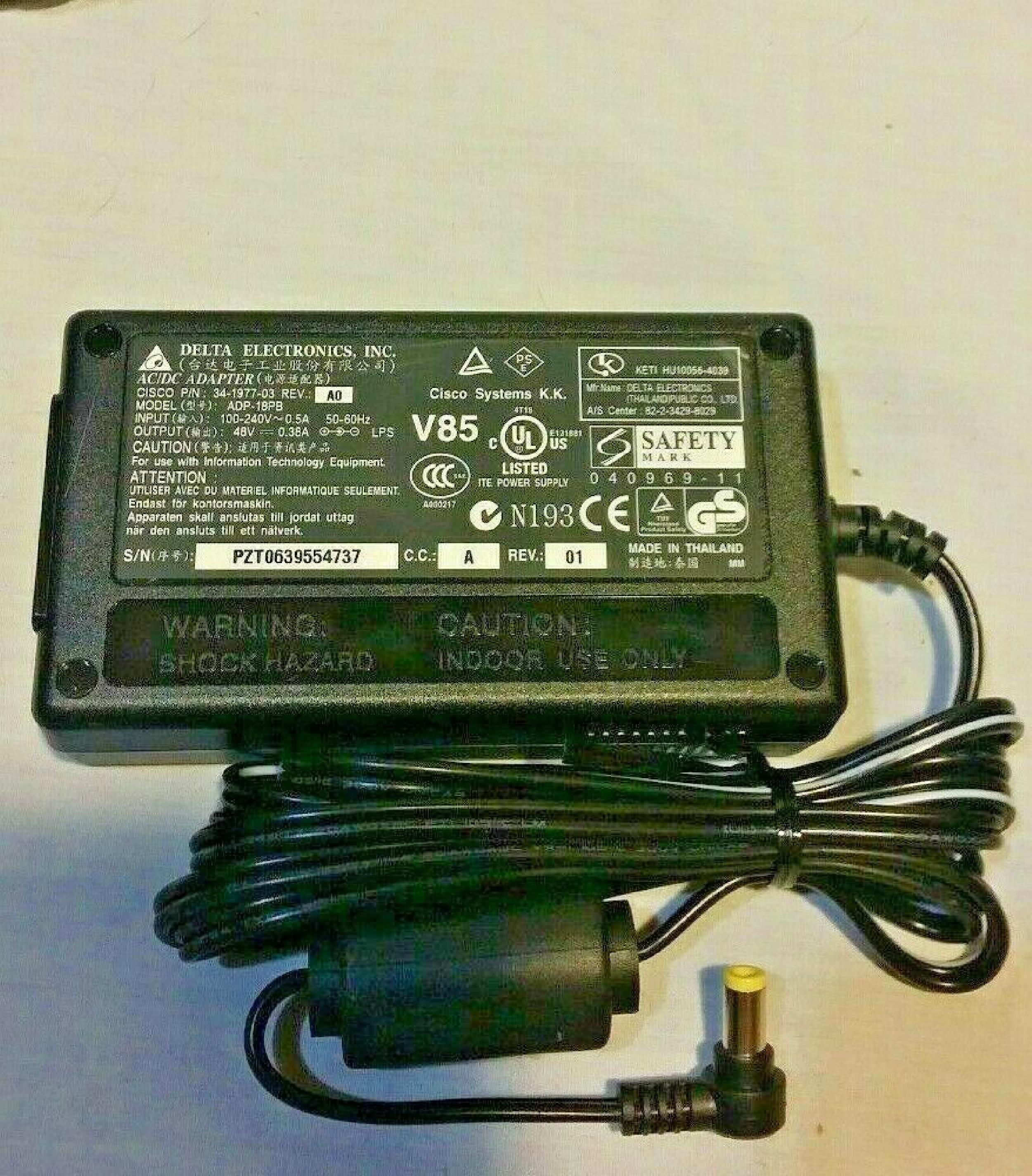 DELTA ELECTRONICS INC ADP-18PB AC ADAPTER 48V DC 0.38A WITH BARREL CONNECTOR CENTER POSITIVE OD:5.5MM ID:2.5MM