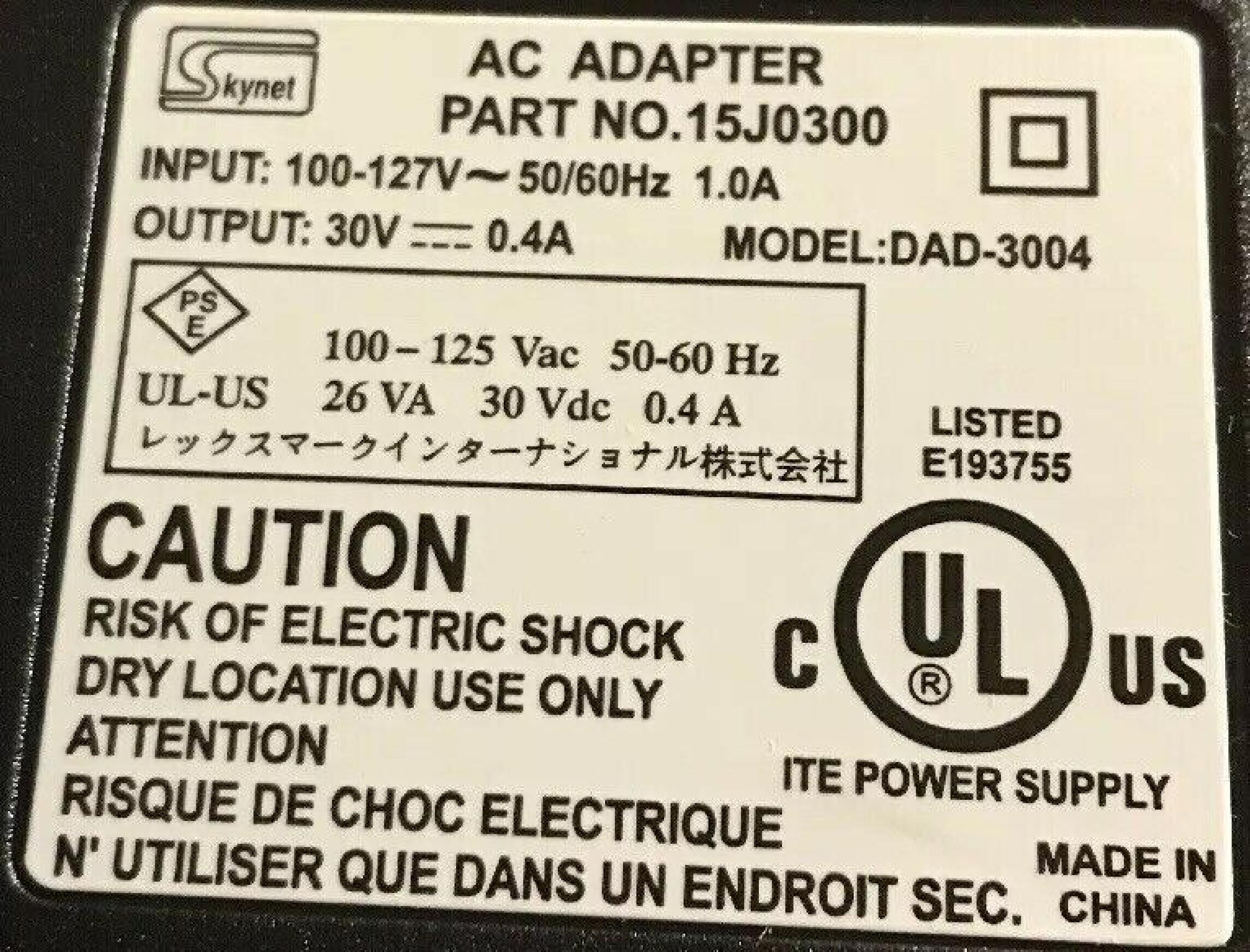 SKYNET ELECTRONICS DAD-3004 30V DC 0.4A AC ADAPTER WITH BARREL CONNECTOR CUT WIRE