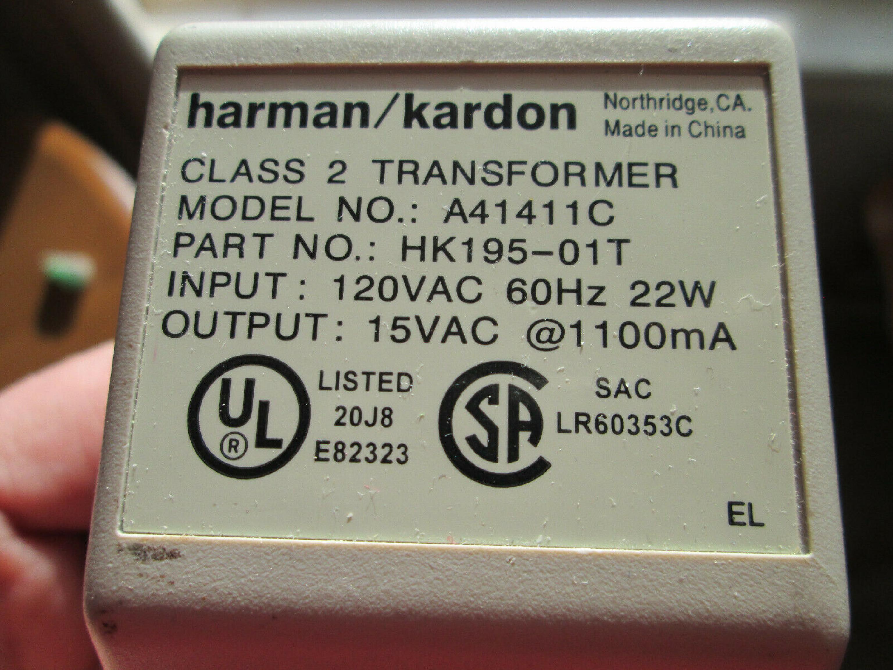 HARMAN KARDON A41411C 15V AC 1100MA AC ADAPTER WITH BARREL CONNECTOR