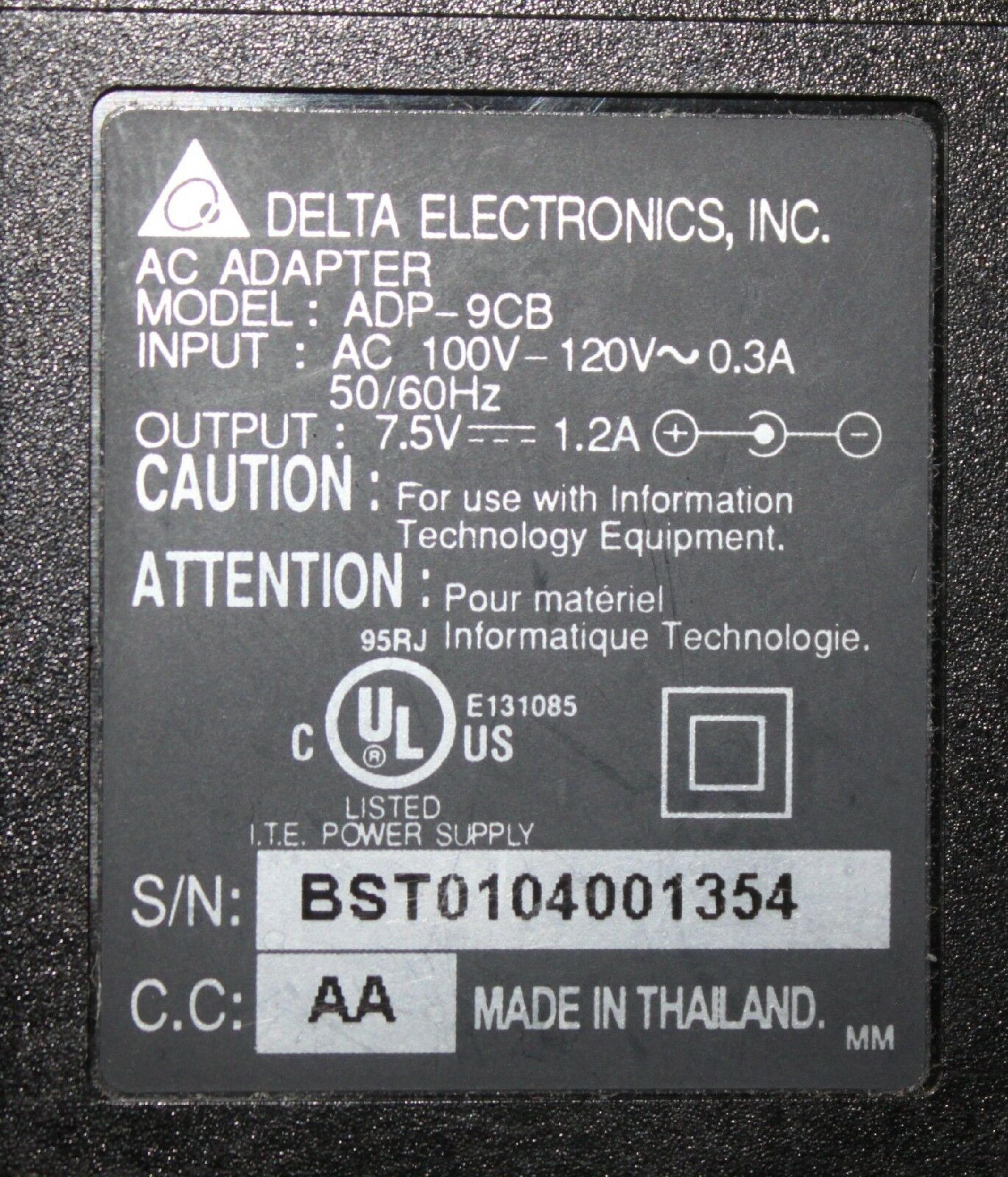 DELTA ELECTRONICS INC ADP-9CB 7.5V DC 1.2A AC ADAPTER WITH CONNECTOR