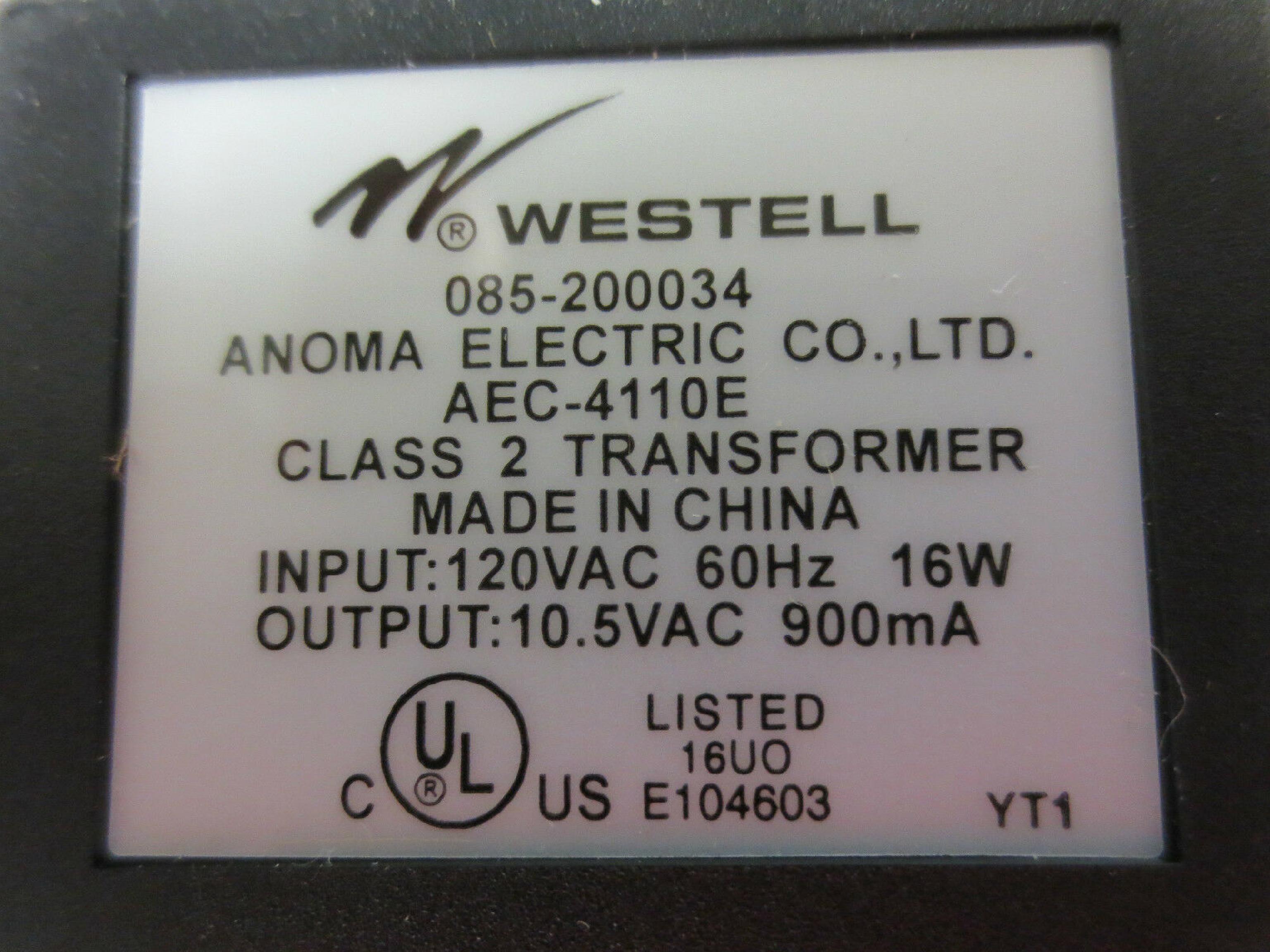 WESTELL 085-200034 10.5V AC 900MA AC ADAPTER WITH BARREL CONNECTOR