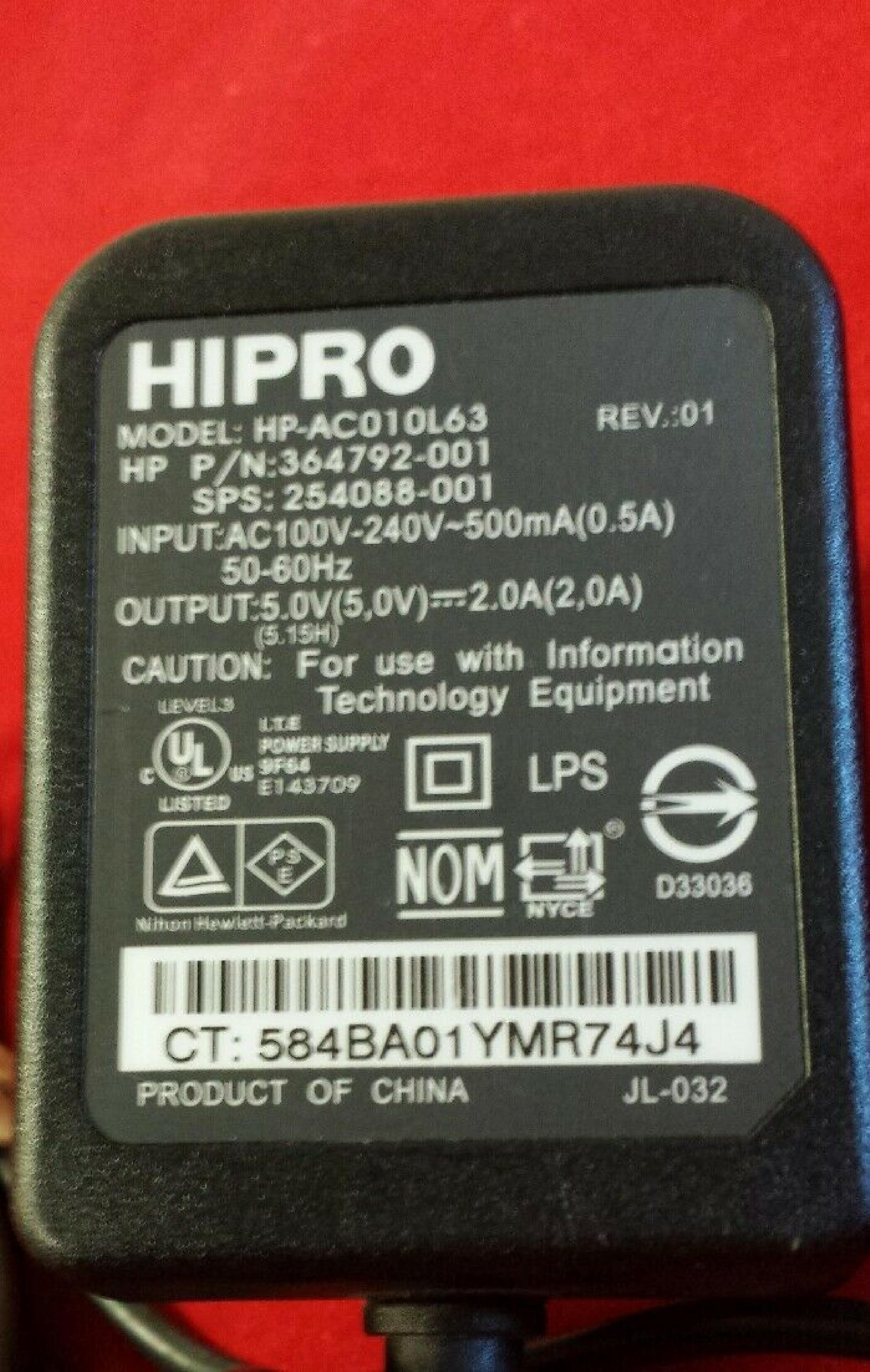 HIPRO HP-AC010L63 5V DC 2.0A AC ADAPTER WITH BARREL CONNECTOR