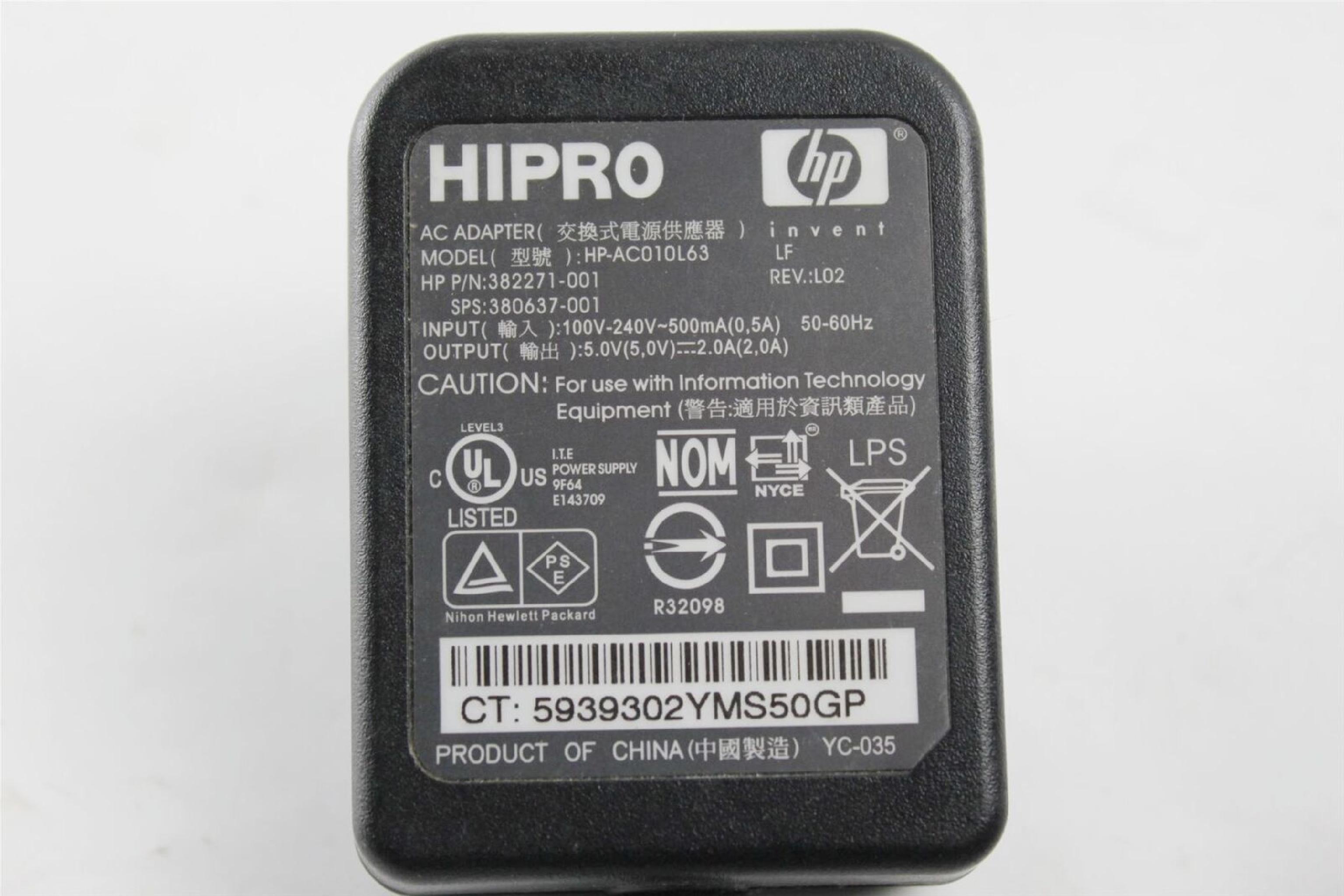 HIPRO HP-AC010L63 5V DC 2.0A AC ADAPTER WITH BARREL CONNECTOR