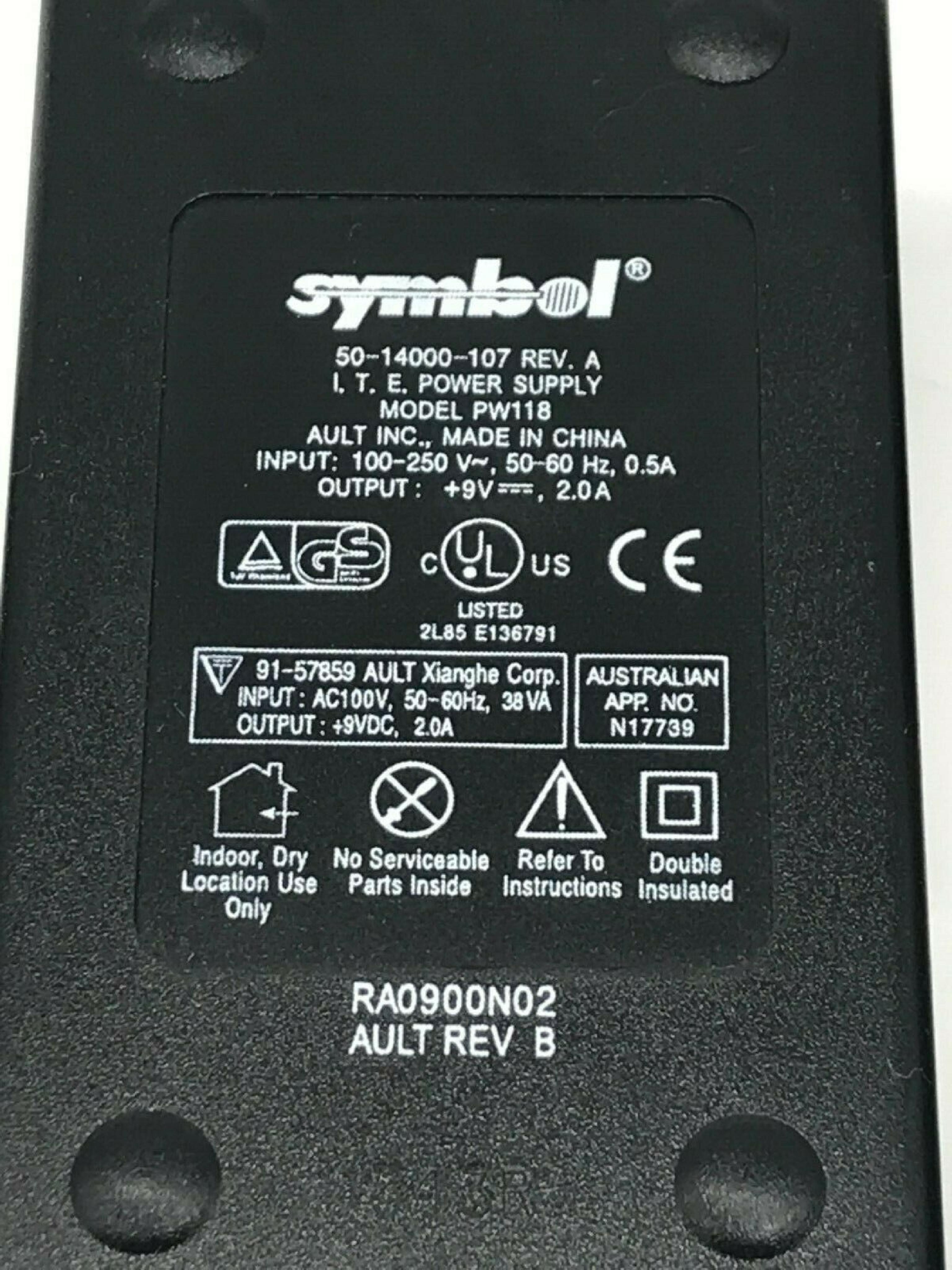 SYMBOL 50-14000-107 9V DC 2.0A AC ADAPTER WITH BARREL CONNECTOR 9VDC 2.0A, 6FT CABLE CONNECTOR, OD:4.5MM, ID:2.0MM, DESKTOP STYLE,