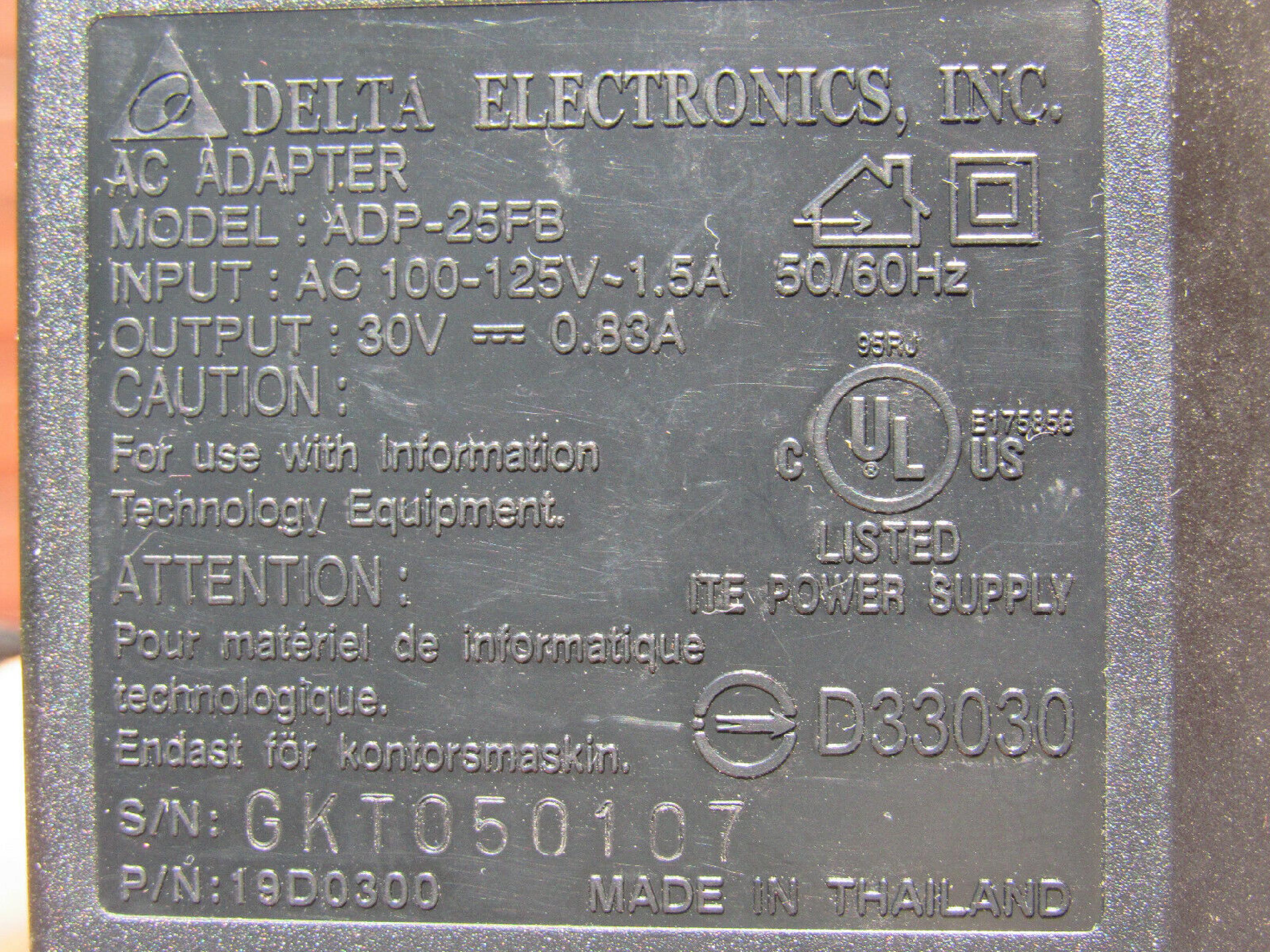 DELTA ELECTRONICS INC 19D0300 30V DC 0.83A AC ADAPTER WITH SLIDE IN CONNECTOR