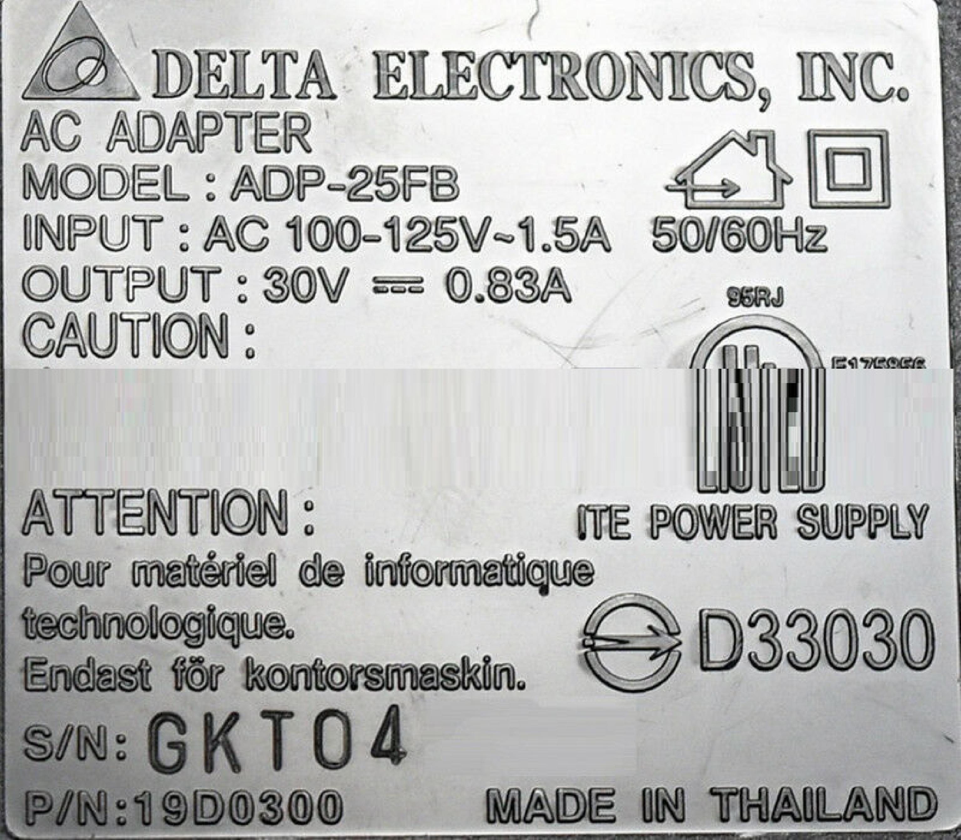 DELTA ELECTRONICS INC 19D0300 30V DC 0.83A AC ADAPTER WITH SLIDE IN CONNECTOR