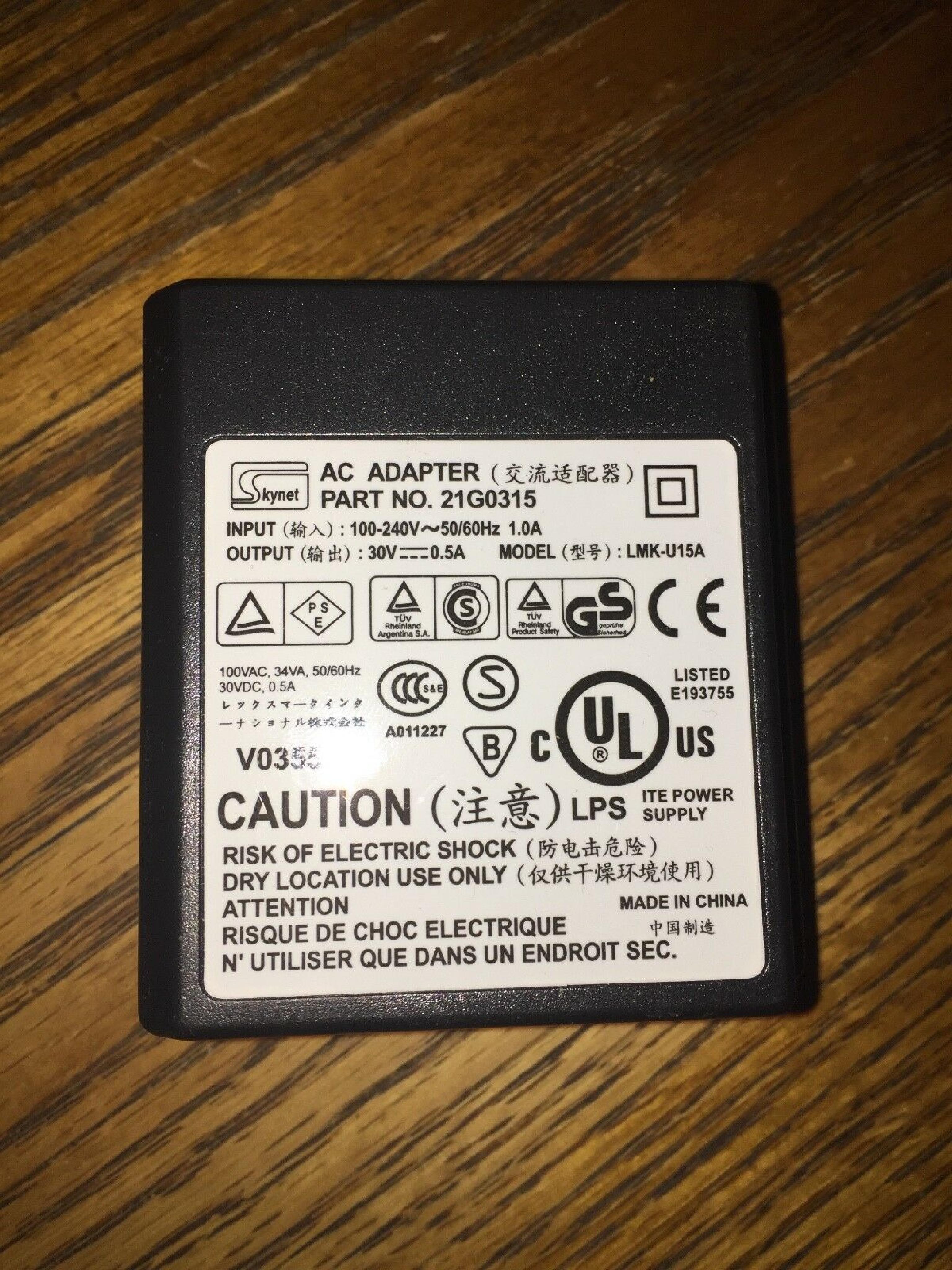 SKYNET ELECTRONICS 21G0315 30V DC 0.5A AC ADAPTER WITH BARREL CONNECTOR