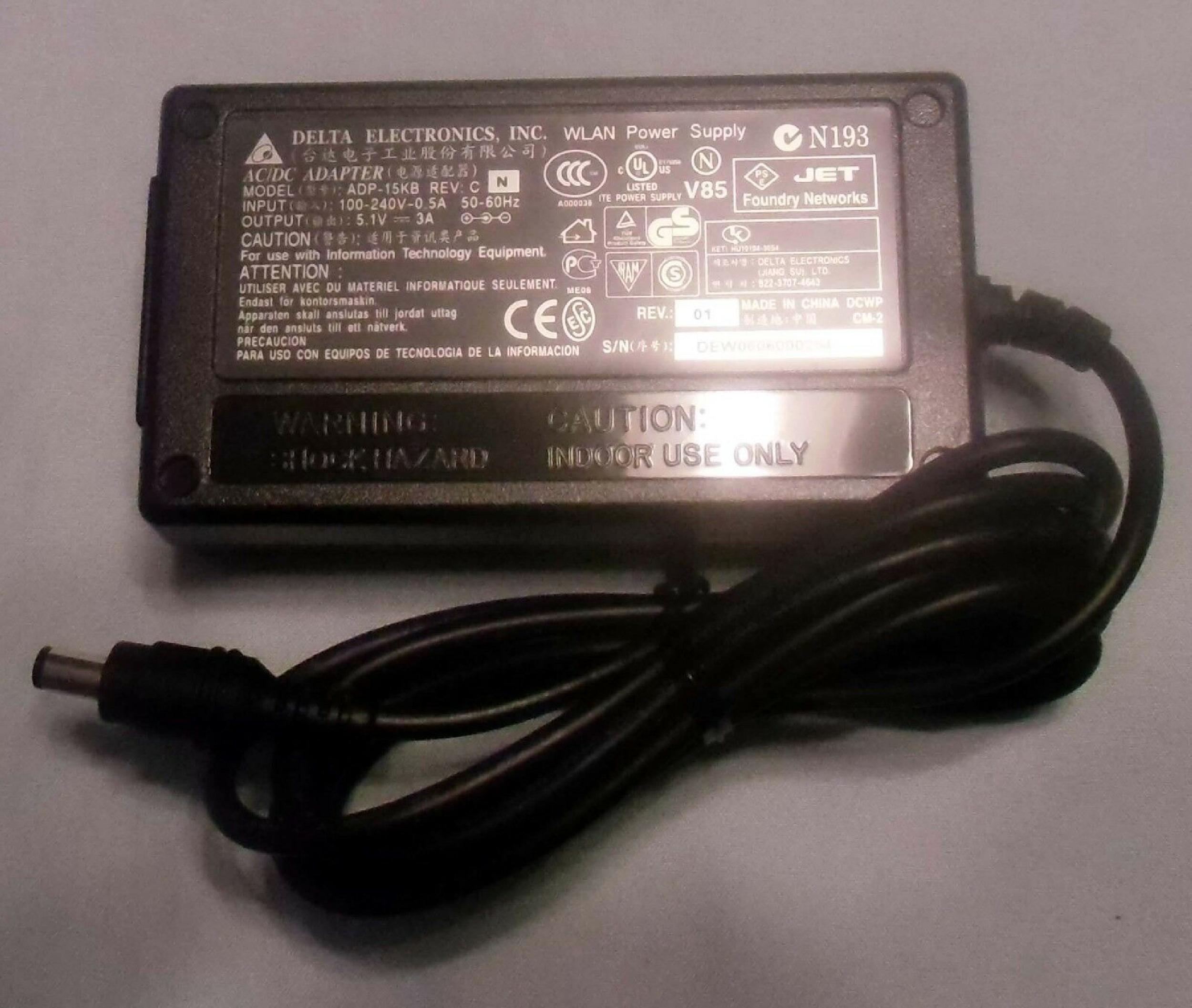 DELTA ELECTRONICS INC ADP-15KB 5.1V DC 3.0A AC ADAPTER WITH BARREL CONNECTOR