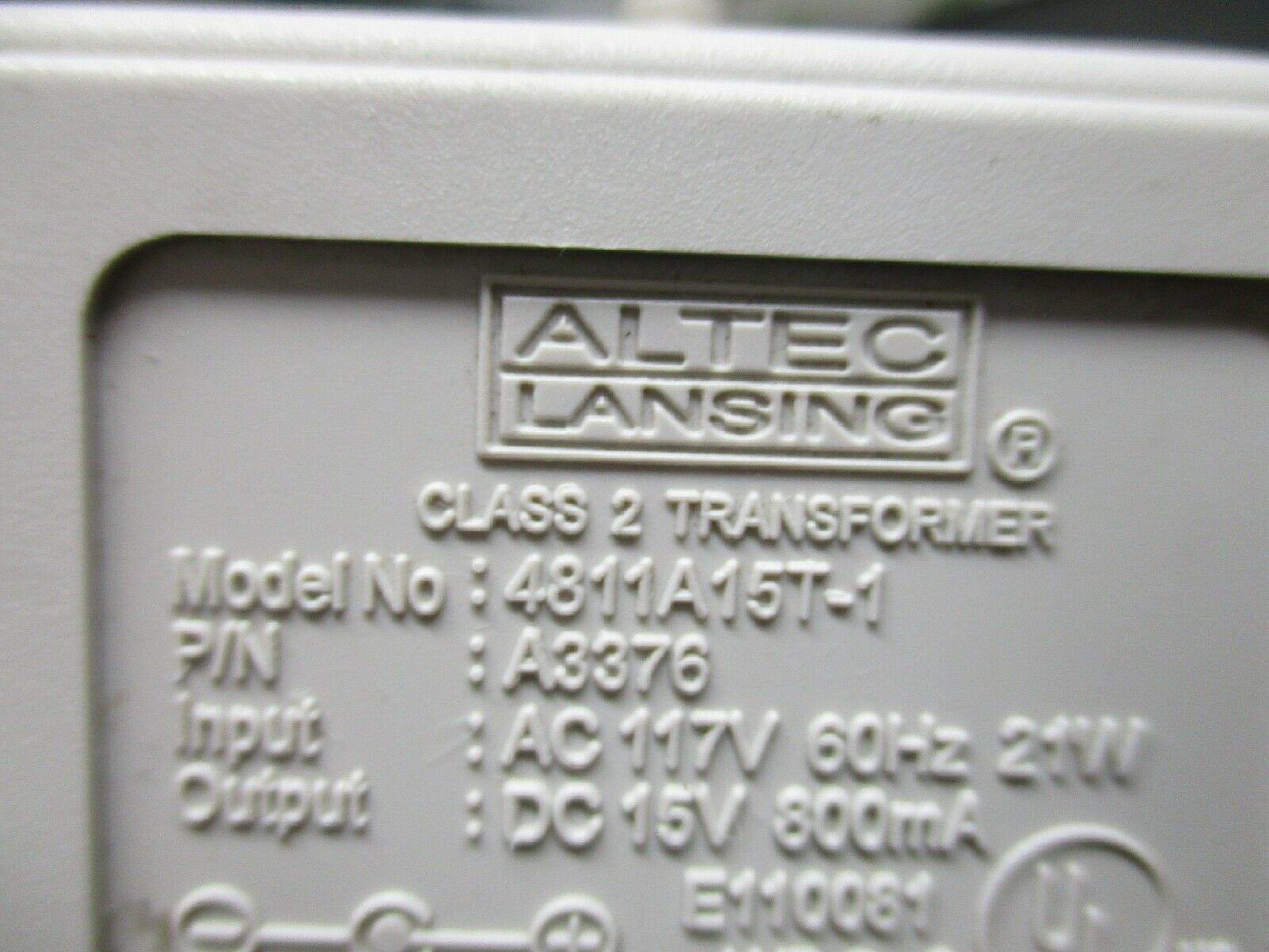 ALTEC A3376 15V DC 800MA AC ADAPTER WITH BARREL CONNECTOR CUT WIRE