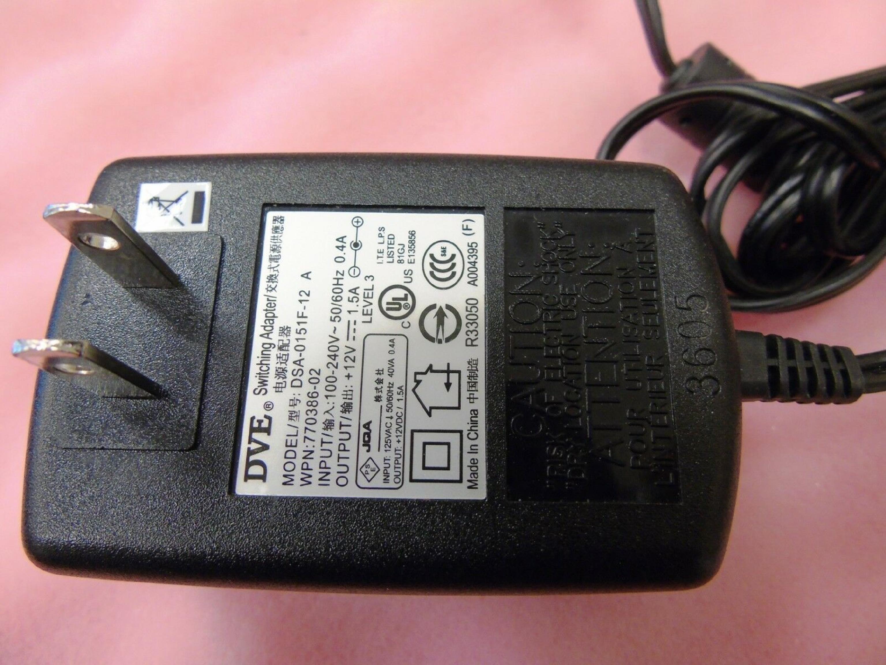 DVE 770386-02 CUT WIRE 12V DC 1.5A AC ADAPTER WITH BARREL CONNECTOR