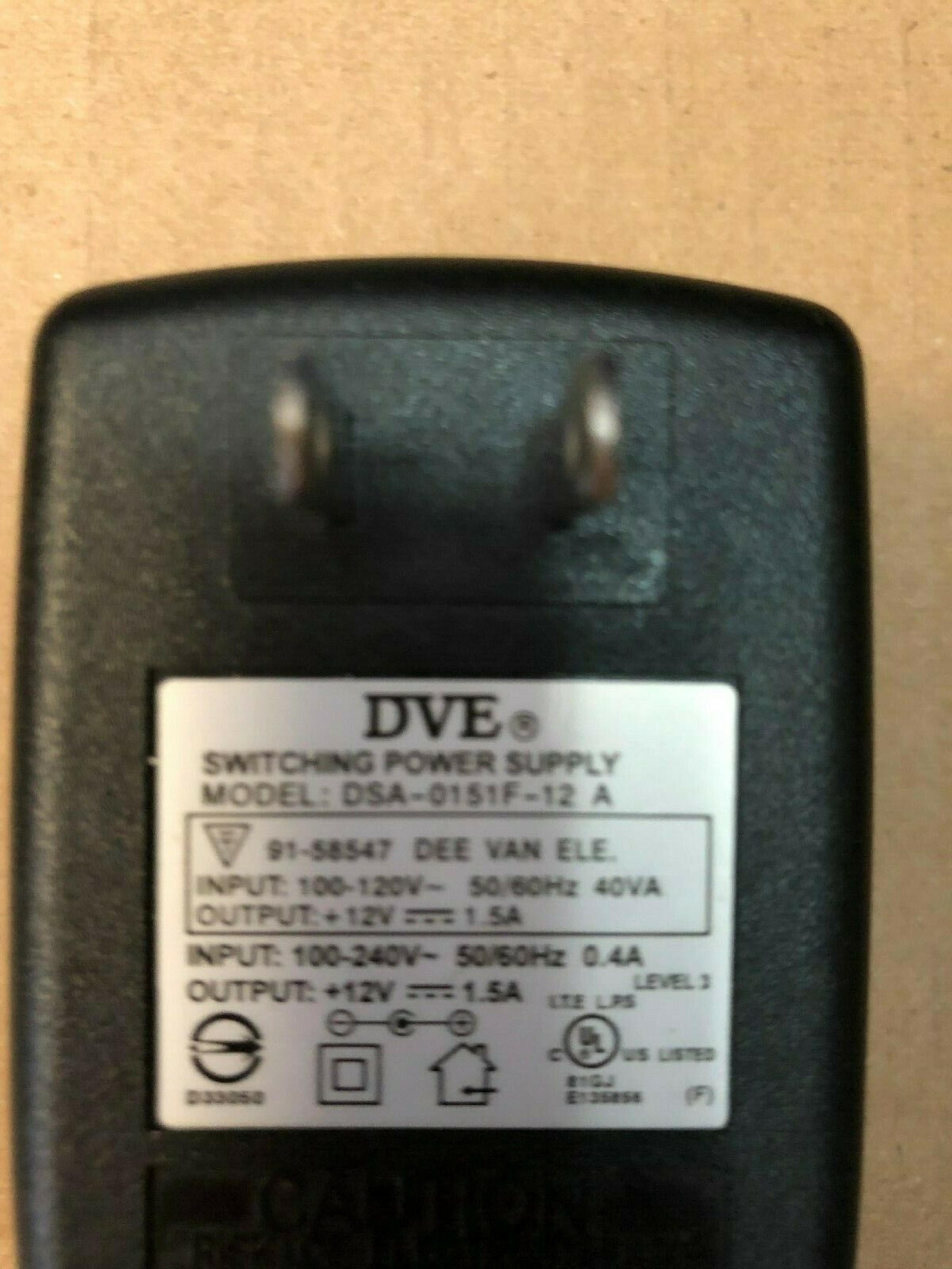 DVE DSA-0151F-12 CUT WIRE 12V DC 1.5A AC ADAPTER WITH BARREL CONNECTOR .4A OD:5.4MM ID:2.3MM NEGATIVE OUTSIDE POLE FOR USE WT1200LE