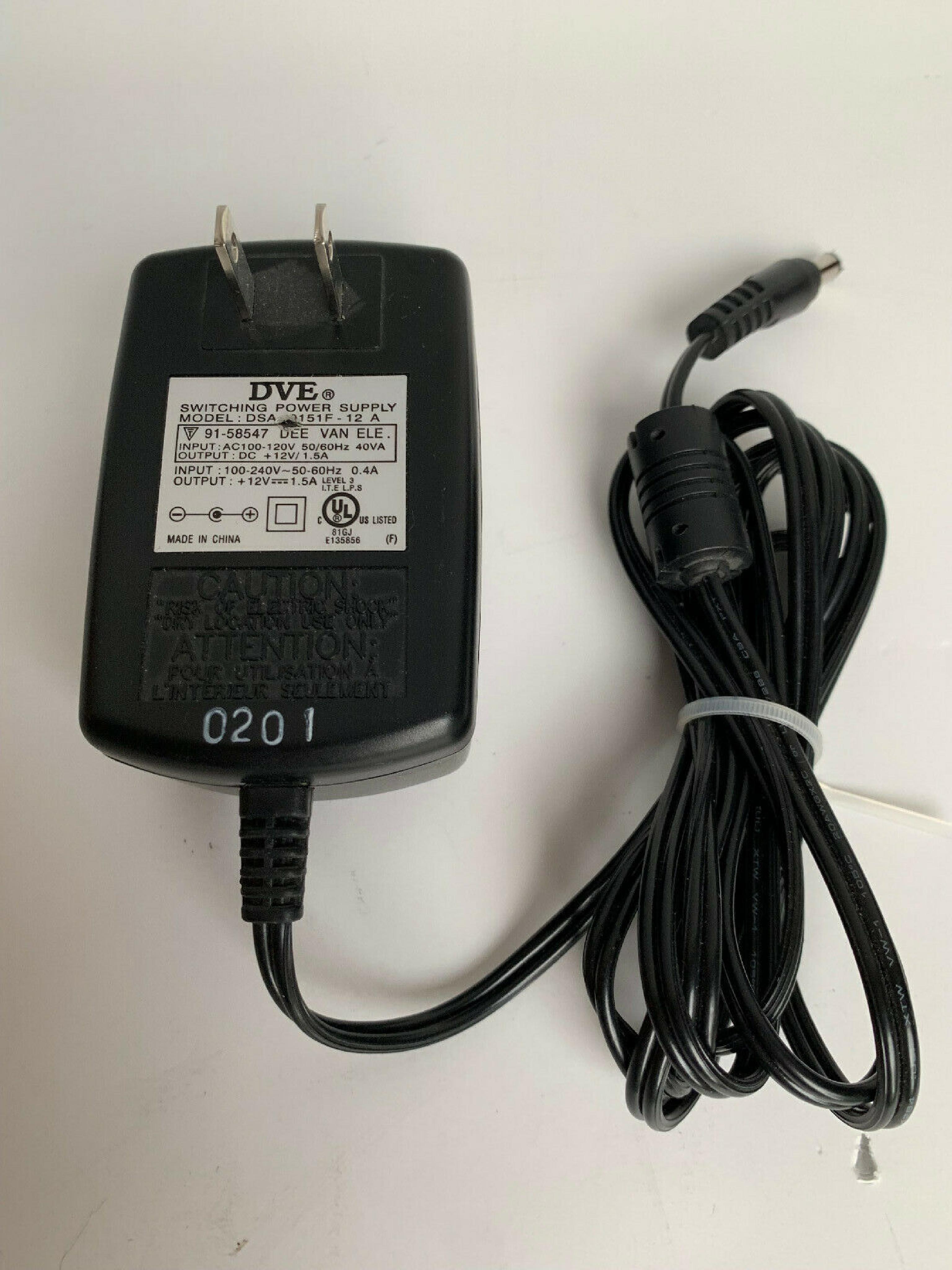 DVE DSA-0151F-12 CUT WIRE 12V DC 1.5A AC ADAPTER WITH BARREL CONNECTOR .4A OD:5.4MM ID:2.3MM NEGATIVE OUTSIDE POLE FOR USE WT1200LE