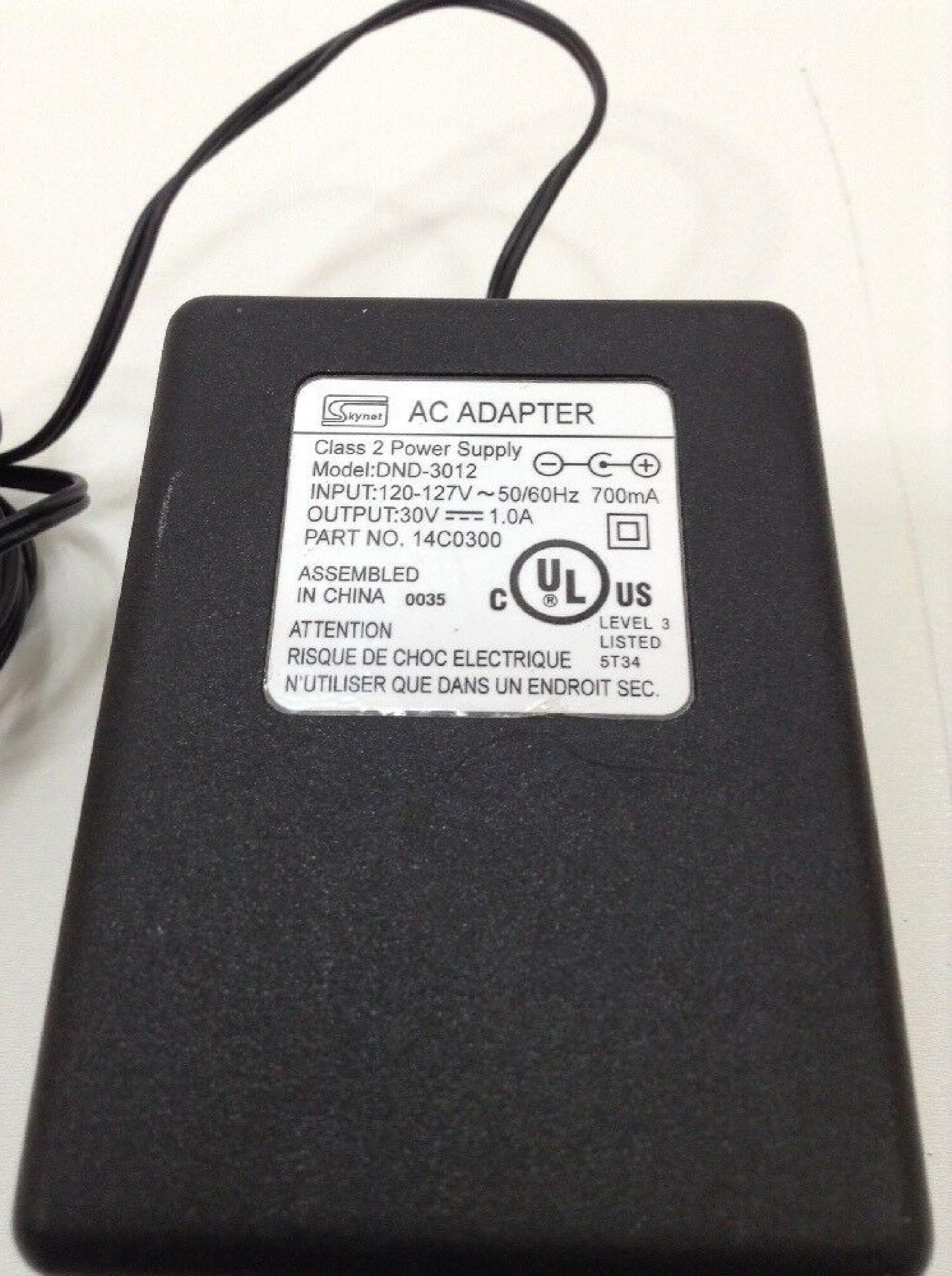 SKYNET ELECTRONICS DND-3012 CUT WIRE 30V DC 1.0A AC ADAPTER