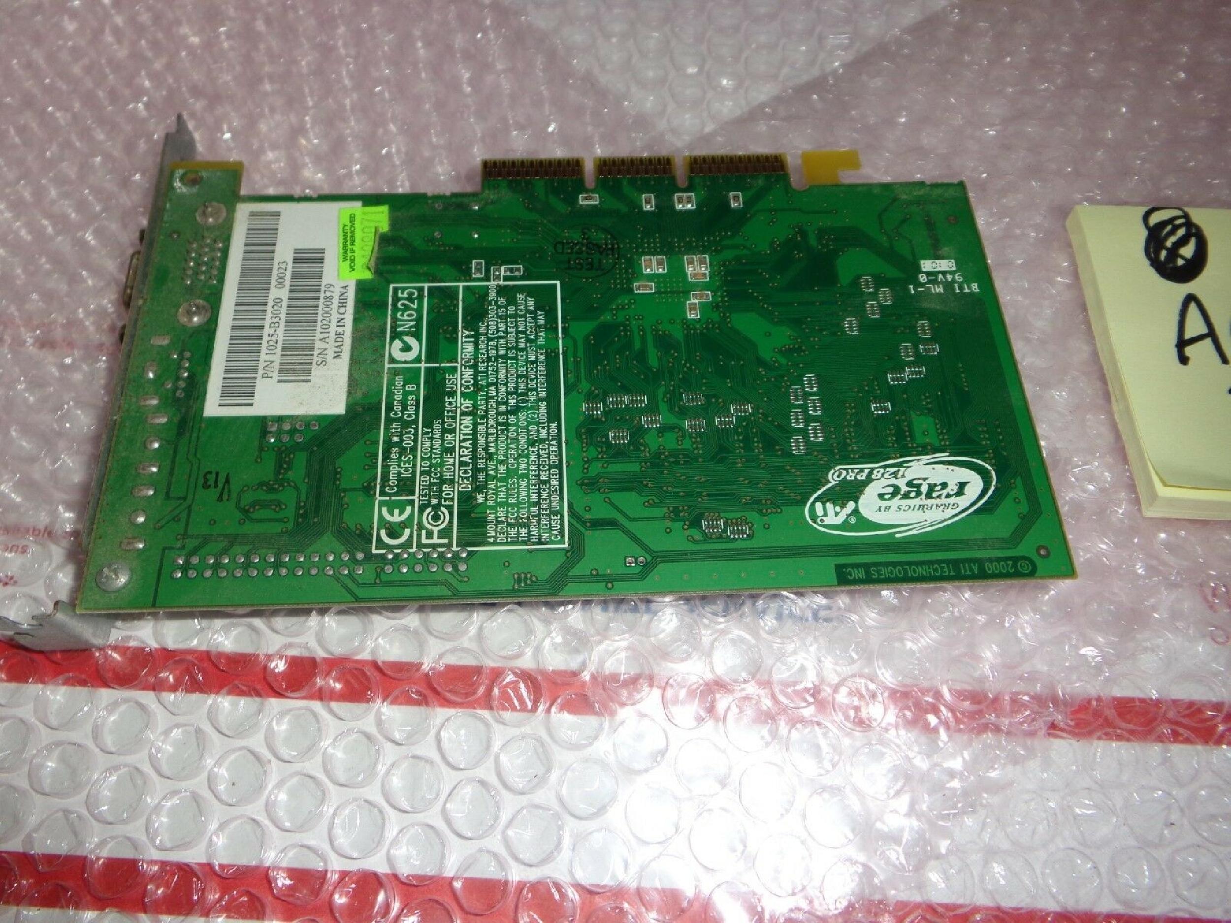 ATI 109-63200-01 RAGE 128 PRO 32MB AGP VIDEO CARD WITH VGA S-VID COMP-IN AND COMP-OUT PORTS 128MB S-VIDEO COMPOSITE IN OUT