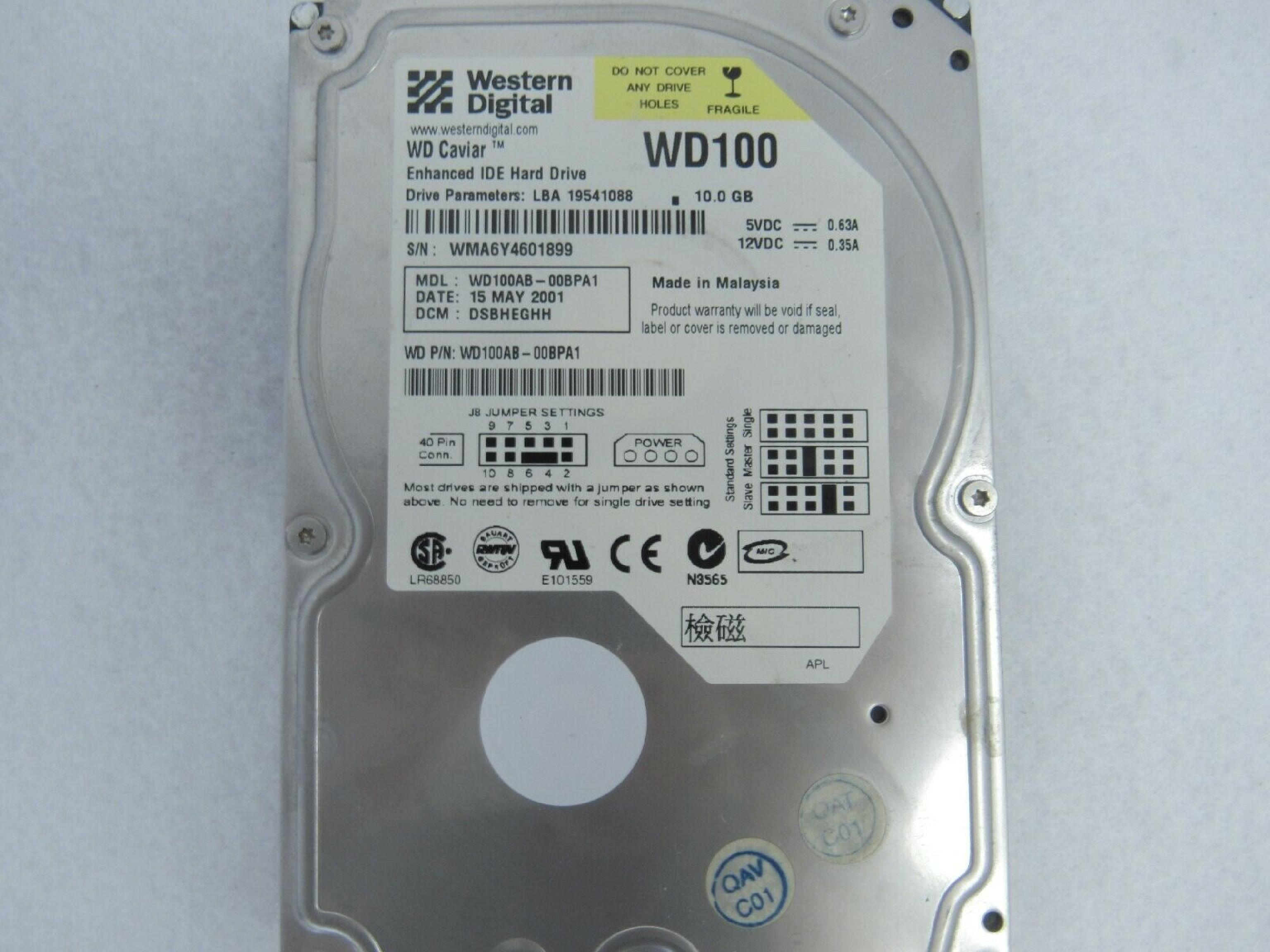 WESTERN DIGITAL / WD WD100 CAVIAR 10GB AT 3.5 INCH HARD DRIVE 10.0GB 3.5INCH IDE LBA 19541088 16 AUG 2001 DCM HRBBEGYB