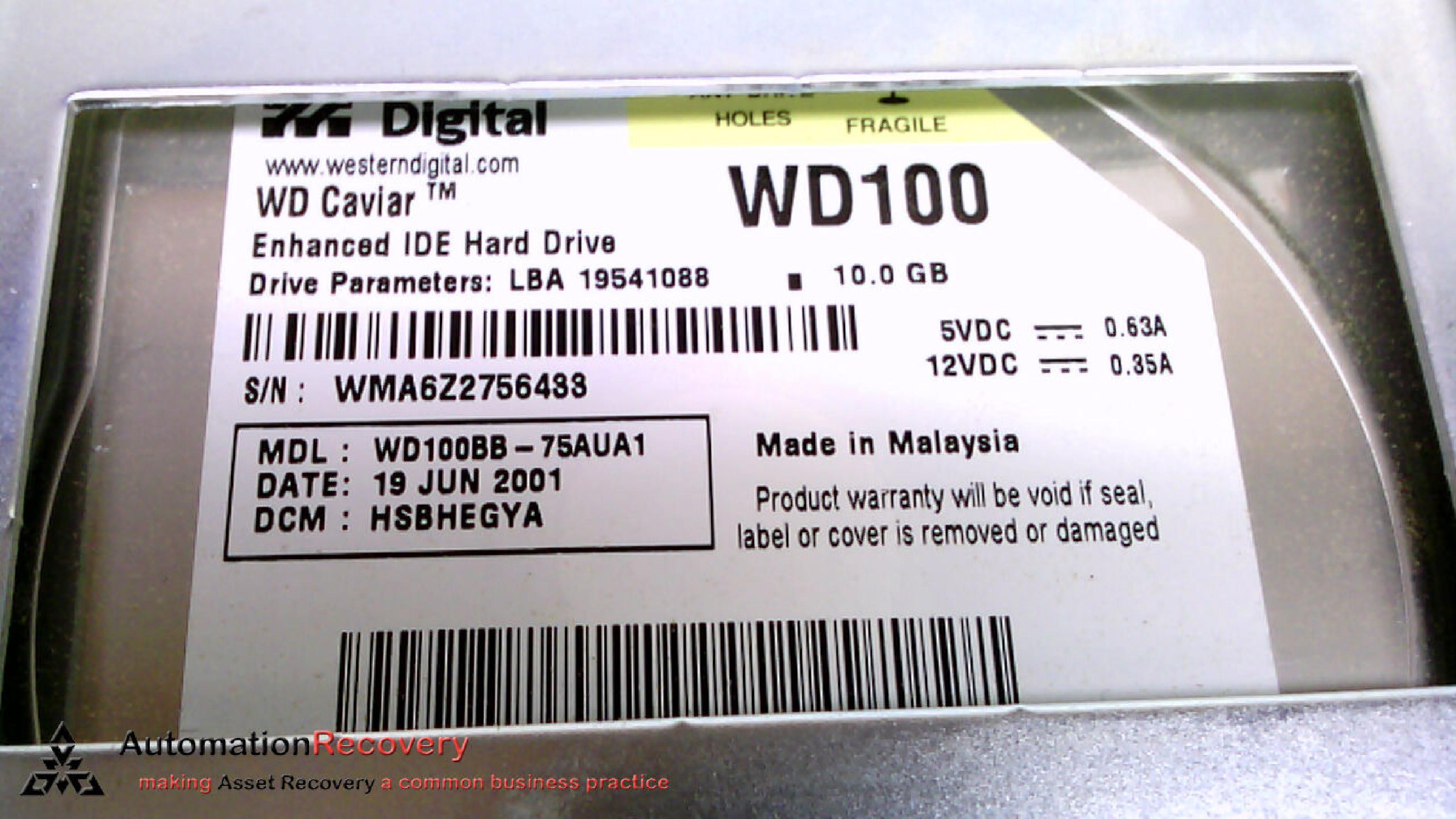 WESTERN DIGITAL / WD WD100BB-75AUA1 CAVIAR 10GB AT 3.5 INCH HARD DRIVE 10.0GB 3.5INCH IDE LBA 19541088 16 AUG 2001 DCM HRBBEGYB HRBBEGYH