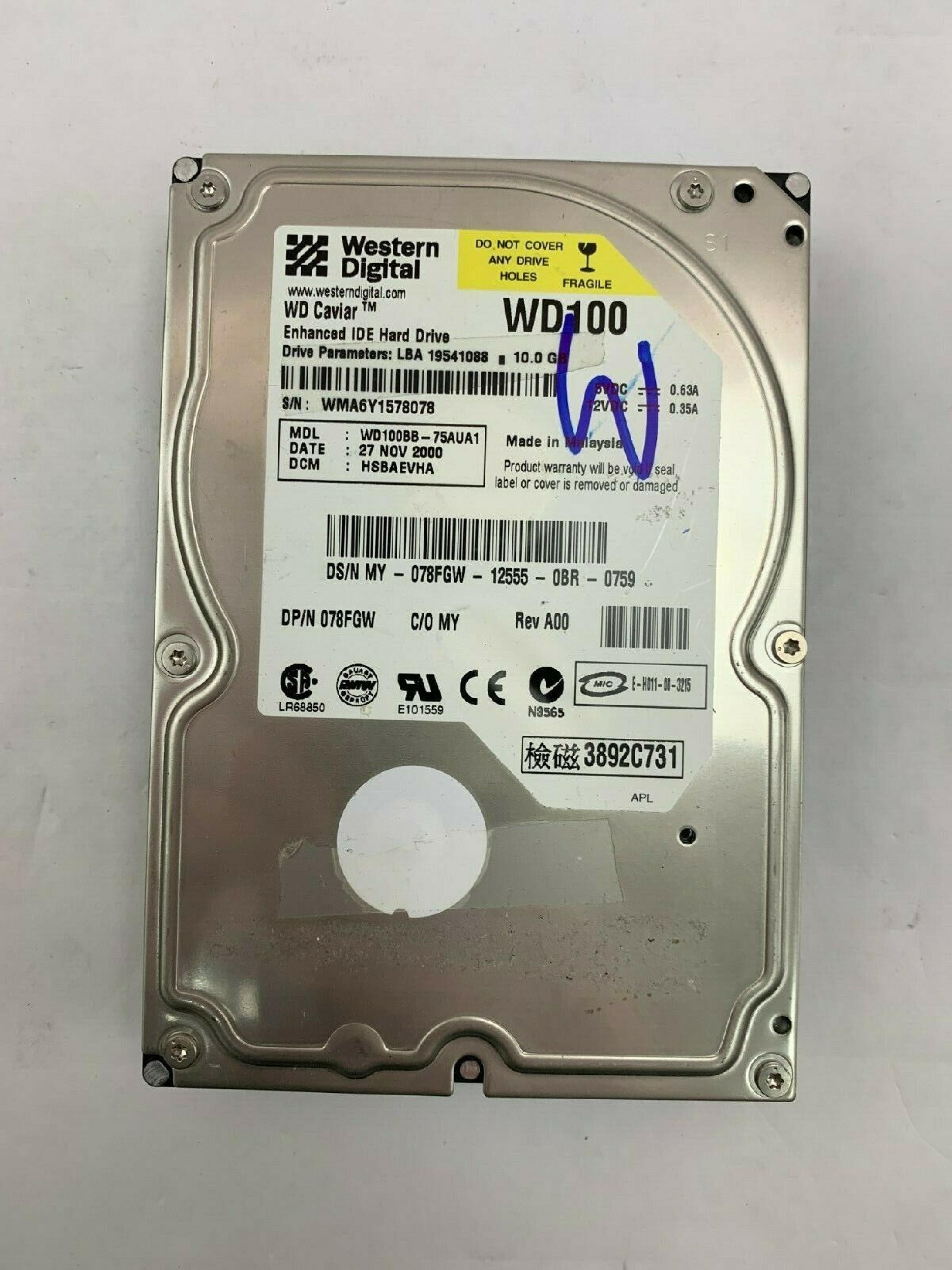 WESTERN DIGITAL / WD WD100BB-75AUA1 CAVIAR 10GB AT 3.5 INCH HARD DRIVE 10.0GB 3.5INCH IDE LBA 19541088 16 AUG 2001 DCM HRBBEGYB HRBBEGYH